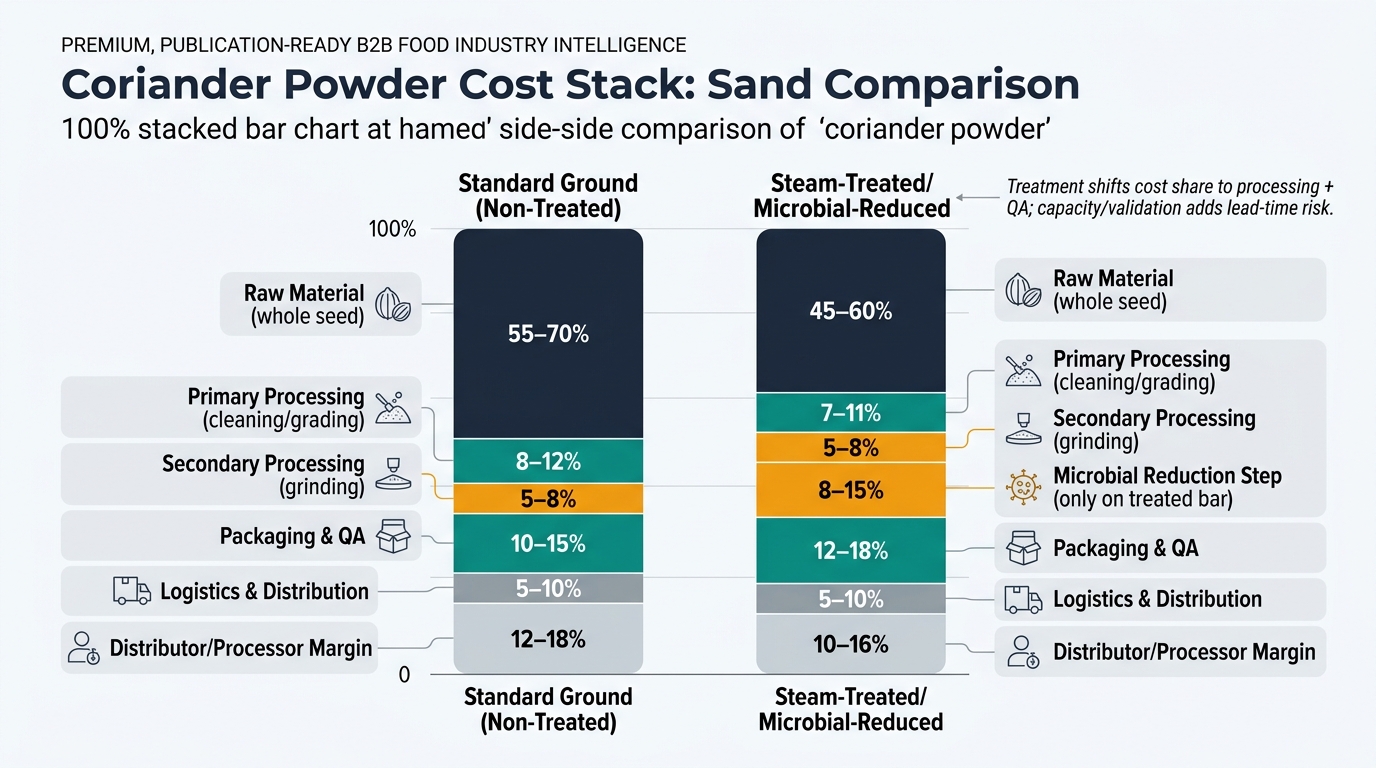 Two side-by-side 100% stacked bars comparing 'Standard Ground (Non-Treated)' vs 'Steam-Treated/Microbial-Reduced'. Segments (consistent colors across both bars): Raw Material (whole seed), Primary Processing (cleaning/grading), Secondary Processing (grinding), Microbial Reduction Step (only on treated bar), Packaging & QA, Logistics & Distribution, Distributor/Processor Margin. Use the article’s percentage ranges as labeled bands (e.g., '55–70%') on each segment. Add a brief annotation above treated bar: 'Treatment shifts cost share to processing + QA; capacity/validation adds lead-time risk.'