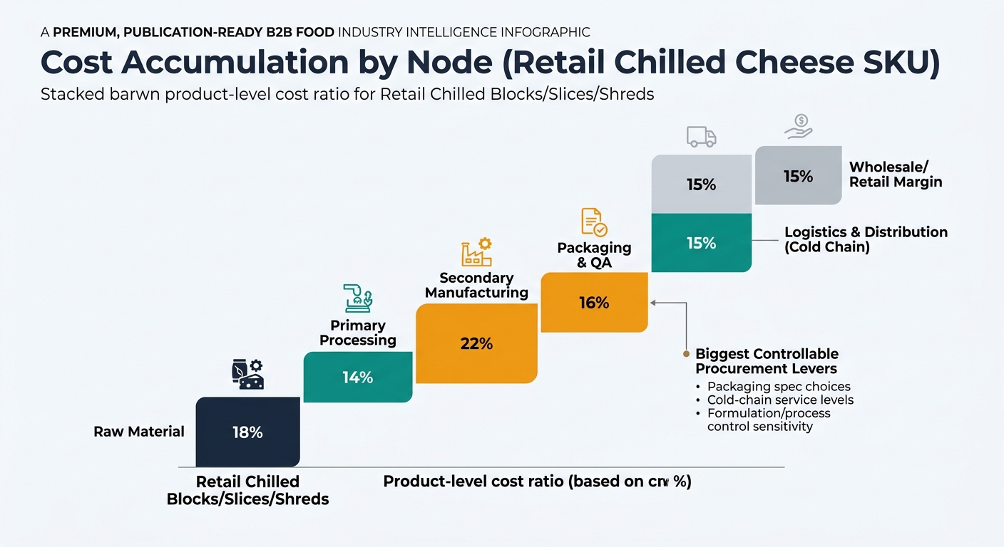Stacked bar or donut chart showing retail chilled coconut milk cheese cost ratios by node: Raw Material 18%, Primary Processing 14%, Secondary Manufacturing 22%, Packaging & QA 16%, Logistics & Distribution (Cold Chain) 15%, Wholesale/Retail Margin 15%, with an annotation highlighting procurement levers like packaging specs, cold-chain service levels, and formulation/process control sensitivity.