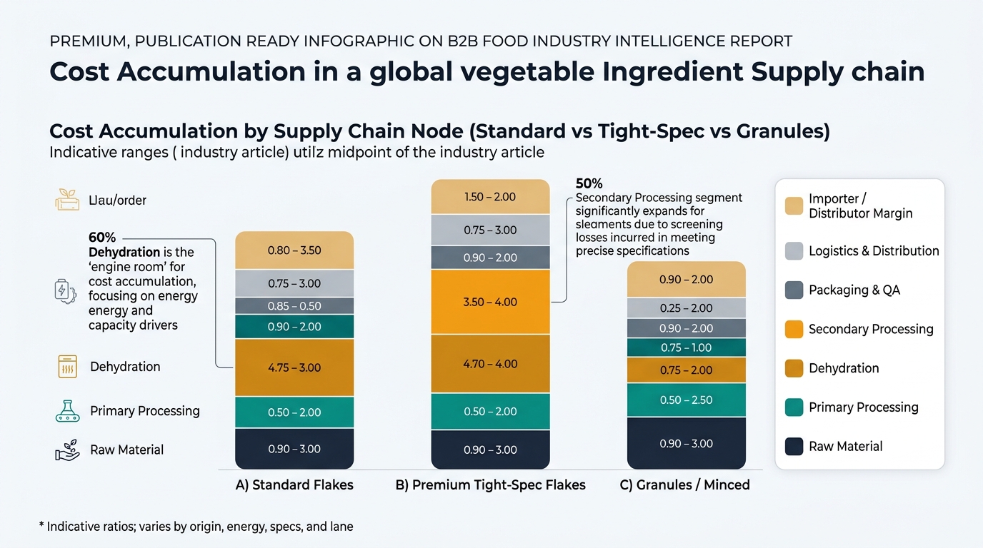 Comparative stacked bar chart showing cost accumulation by supply chain node for three products (standard dried onion flakes, premium tight-spec flakes, and onion granules/minced), segmented by raw material, primary processing, dehydration, secondary processing, packaging and QA, logistics and distribution, and importer/distributor margin, with callouts highlighting dehydration as the engine room and the expanded secondary processing share for tight-spec due to screening losses.