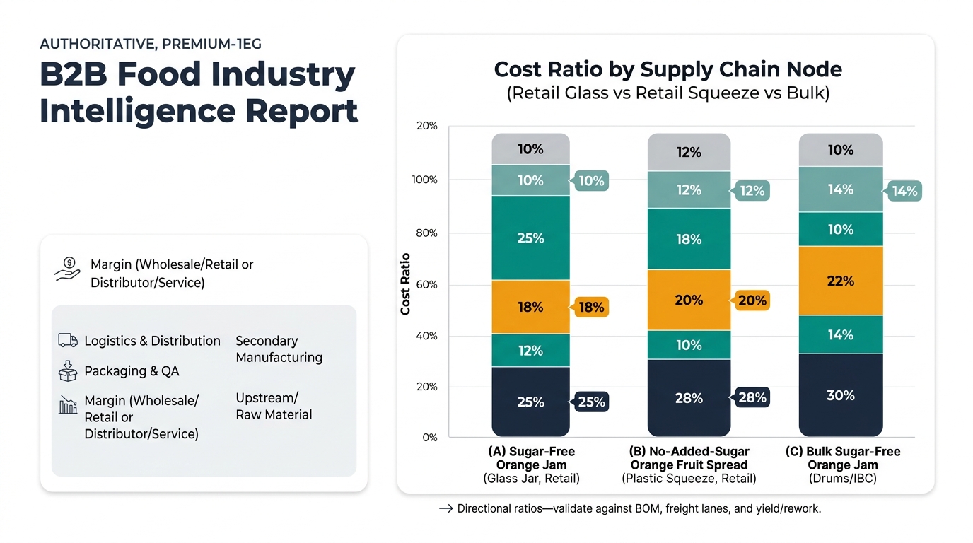 A 3-bar stacked chart comparing cost ratios across three configurations: (A) Sugar-Free Orange Jam (Glass Jar, Retail), (B) No-Added-Sugar Orange Fruit Spread (Plastic Squeeze, Retail), (C) Bulk Sugar-Free Orange Jam (Drums/IBC). Each bar is segmented into Upstream/Raw Material, Primary Processing, Secondary Manufacturing, Packaging & QA, Logistics & Distribution, and Margin, using the exact table percentages. Includes a note: Directional ratios—validate against BOM, freight lanes, and yield/rework.