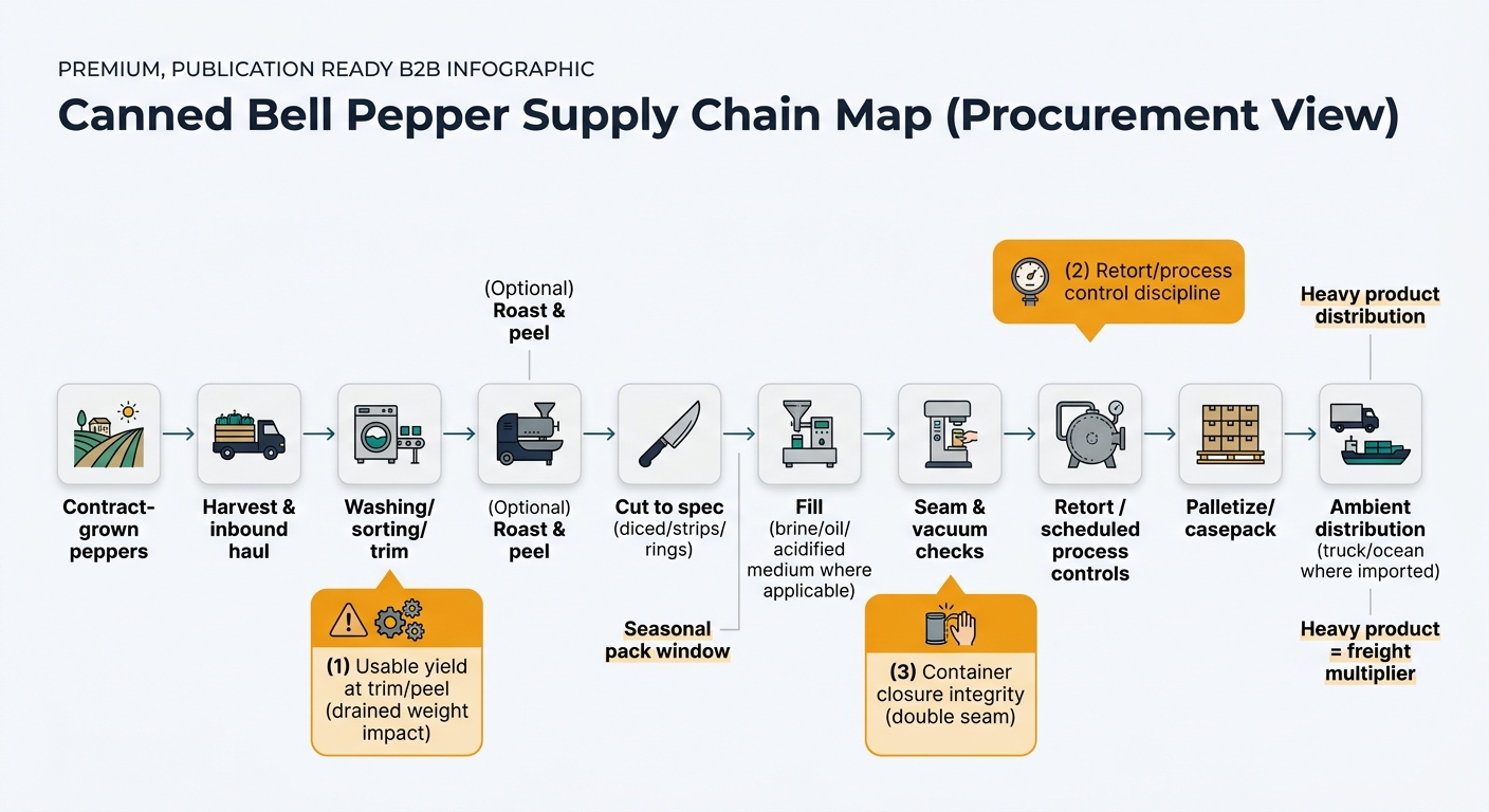 A left-to-right supply chain flow diagram showing the physical nodes and procurement lock points for canned bell peppers, from contract-grown peppers through harvest, washing/sorting/trim, optional roast and peel, cutting, filling, seam and vacuum checks, retort or scheduled process controls, palletize/casepack, and ambient distribution, with callouts emphasizing usable yield at trim/peel, retort/process control discipline, and container closure integrity (double seam), plus side callouts for seasonal pack window and heavy product freight multiplier.