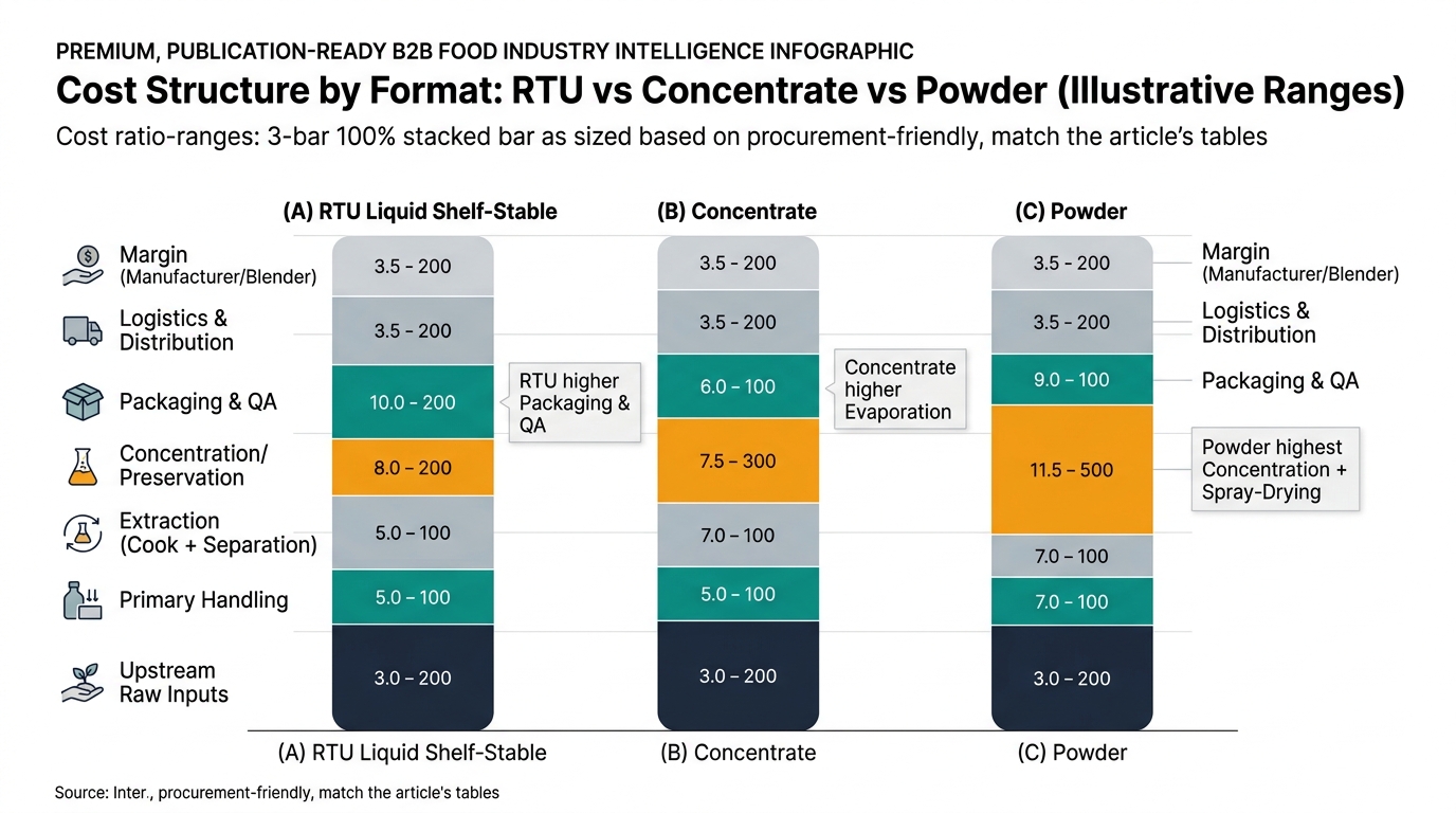 A 3-bar 100% stacked chart comparing illustrative cost ratio ranges by supply chain node for RTU liquid shelf-stable, concentrate, and powder. Segments include Upstream Raw Inputs, Primary Handling, Extraction (Cook + Separation), Concentration/Preservation (or Evaporation/Spray-Drying), Packaging & QA, Logistics & Distribution, and Margin, with callouts noting RTU higher Packaging & QA, Concentrate higher Evaporation, and Powder highest Concentration + Spray-Drying.