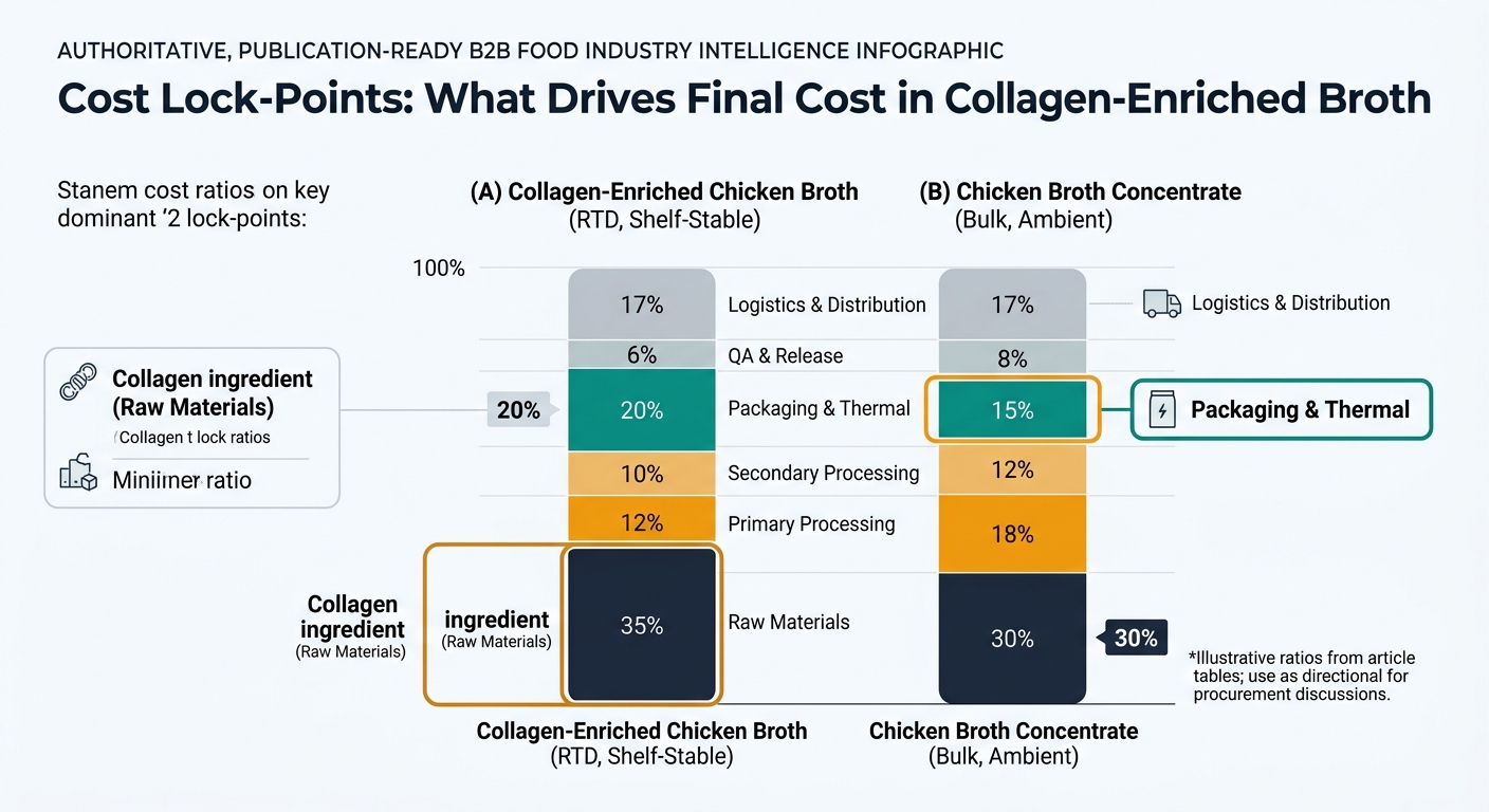 A stacked bar chart comparing cost ratios for collagen-enriched chicken broth (RTD, shelf-stable) versus chicken broth concentrate (bulk, ambient), emphasizing the two dominant lock-points: collagen ingredient within raw materials and packaging & thermal processing, with a note that ratios are illustrative from the article tables.