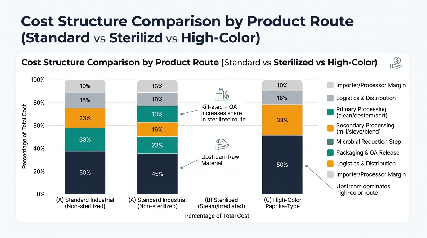 Three 100% stacked bars labeled: (A) Standard Industrial (Non-sterilized) (B) Sterilized (Steam/Irradiated) (C) High-Color Paprika-Type. Segments should match the table nodes and percentages: Upstream Raw Material; Primary Processing (clean/destem/sort); Secondary Processing (mill/sieve/blend); Microbial Reduction Step (only for sterilized); Packaging & QA Release; Logistics & Distribution; Importer/Processor Margin. Include a legend and concise callouts: 'Kill-step + QA increases share in sterilized route' and 'Upstream dominates high-color route'. Keep color palette muted and professional; emphasize data labels for each segment.