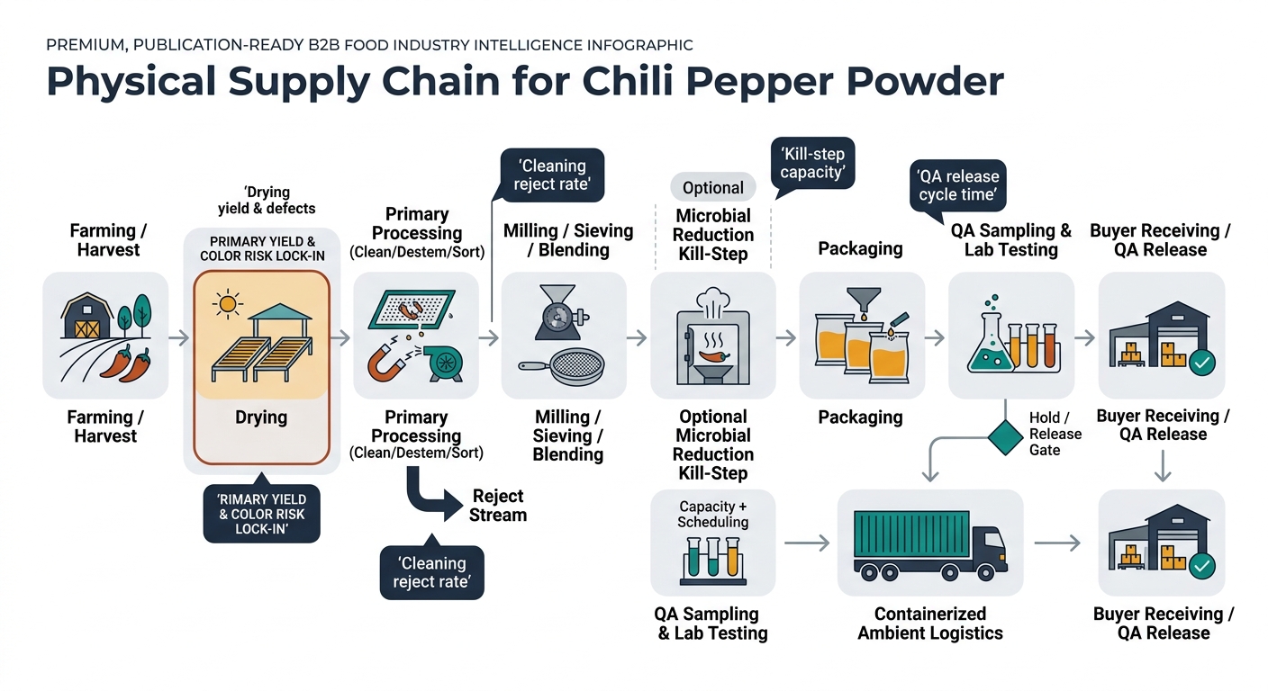A left-to-right (or top-to-bottom) process flow of the physical supply chain with 8–10 labeled nodes: Farming/Harvest → Drying (highlight as primary yield/color risk lock-in) → Primary Processing (clean/destem/sort; show reject stream) → Milling/Sieving/Blending (mesh control) → Optional Microbial Reduction Kill-Step (steam or irradiation; callout: capacity + scheduling) → Packaging (lined bags) → QA Sampling & Lab Testing (micro + mycotoxins; show hold/release gate) → Containerized Ambient Logistics (humidity/dwell-time risk) → Buyer Receiving/QA Release. Add 3–4 callout badges on the most critical constraints: 'Drying yield & defects', 'Cleaning reject rate', 'Kill-step capacity', 'QA release cycle time'. Use neutral icons (farm, drying racks, screens/magnets, mill, steam chamber, lab flask, container) and simple arrows; do not depict any software UI.