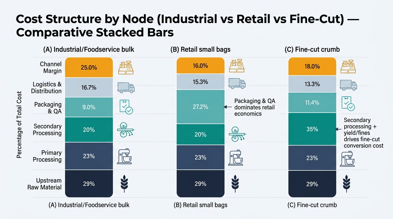 A three-bar stacked chart comparing the illustrative cost ratios for: (A) Industrial/Foodservice bulk, (B) Retail small bags, (C) Fine-cut crumb. Each bar is segmented into the same categories with consistent colors: Upstream Raw Material, Primary Processing, Secondary Processing, Packaging & QA, Logistics & Distribution, Channel Margin. Display the exact percentages from the tables inside each segment. Add two brief annotations: “Packaging & QA dominates retail economics” and “Secondary processing + yield/fines drives fine-cut conversion cost.”