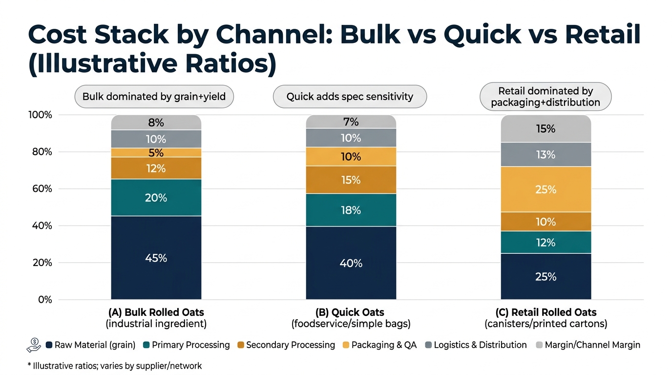 A 3-bar 100% stacked bar chart comparing illustrative cost ratios for Bulk Rolled Oats, Quick Oats, and Retail Rolled Oats with segments for Raw Material, Primary Processing, Secondary Processing, Packaging & QA, Logistics & Distribution, and Margin/Channel Margin, using the article’s stated percentages and callouts noting what dominates each channel.