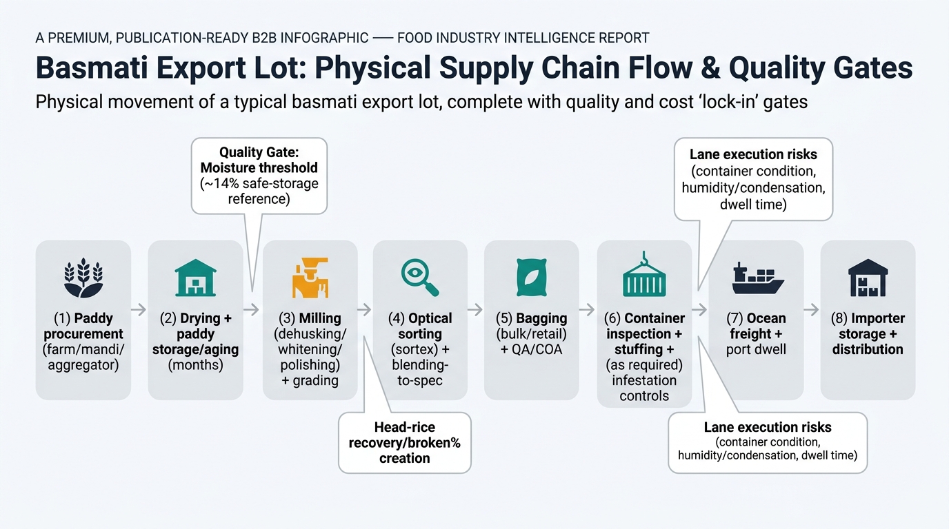 A left-to-right flowchart showing the physical movement of a typical basmati export lot with labeled quality/cost lock-in gates: paddy procurement, drying and paddy storage/aging, milling and grading, optical sorting and blending-to-spec, bagging and QA/COA, container inspection and stuffing with infestation controls as required, ocean freight and port dwell, and importer storage and distribution; with callouts for ~14% moisture threshold, head-rice recovery/broken% creation, and lane execution risks like container condition, humidity/condensation, and dwell time.