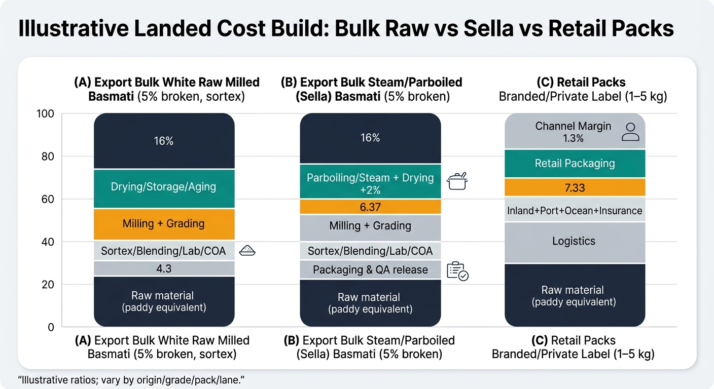 A three-column stacked bar chart comparing illustrative landed cost ratios for (A) export bulk white raw milled basmati (5% broken, sortex), (B) export bulk steam/parboiled (sella) basmati (5% broken), and (C) retail packs branded/private label (1–5 kg), segmented by supply chain nodes (raw material, drying/storage/aging, milling/grading, sortex/blending/lab/COA, packaging/QA release or retail packaging, inland/port/ocean/insurance or logistics, and channel margin for retail), with a footnote that ratios vary by origin, grade, pack, and lane.