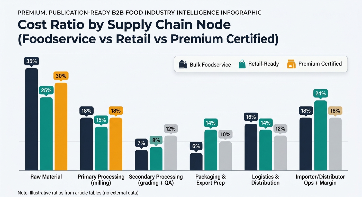Visualization comparing cost ratios by supply chain node across three product types (Bulk Foodservice, Retail-Ready, Premium Certified) using the exact table percentages for Raw Material; Primary Processing (milling); Secondary Processing (grading + QA); Packaging & Export Prep; Logistics & Distribution; Importer/Distributor Ops + Margin, with a clear legend and a note that ratios are illustrative from the article tables (no external data).