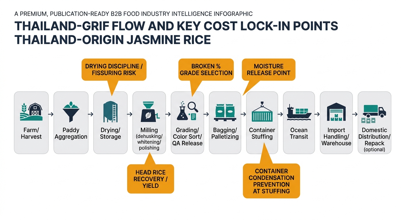 A left-to-right supply chain flow for Thailand-origin jasmine rice showing: Farm/Harvest → Paddy Aggregation → Drying/Storage → Milling (dehusking/whitening/polishing) → Grading/Color Sort/QA Release → Bagging/Palletizing → Container Stuffing → Ocean Transit → Import Handling/Warehouse → Domestic Distribution/Repack (optional). Add 3–5 highlighted cost lock-in callouts (e.g., drying discipline/fissuring risk; head rice recovery/yield; broken % grade selection; moisture release point; container condensation prevention at stuffing). Use simple icons and short labels; avoid any dashboard/UI visuals.