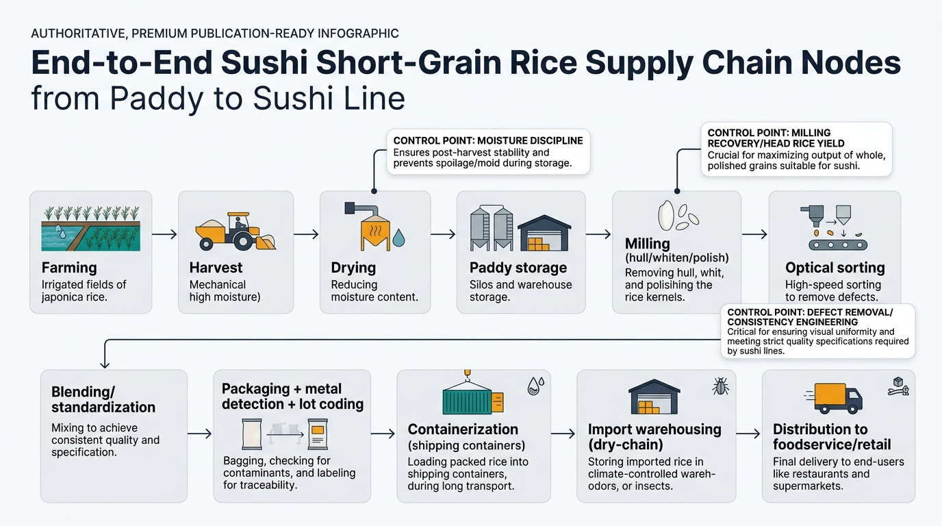 A node-by-node flow showing: Farming (irrigated japonica) → Harvest (high moisture) → Drying → Paddy storage → Milling (hull/whiten/polish) → Optical sorting → Blending/standardization → Packaging + metal detection + lot coding → Containerization → Import warehousing (dry-chain) → Distribution to foodservice/retail, with callouts for moisture discipline, milling recovery/head rice yield, defect removal/consistency engineering, and risk icons on logistics nodes for humidity/dwell time (condensation/odor/insects).