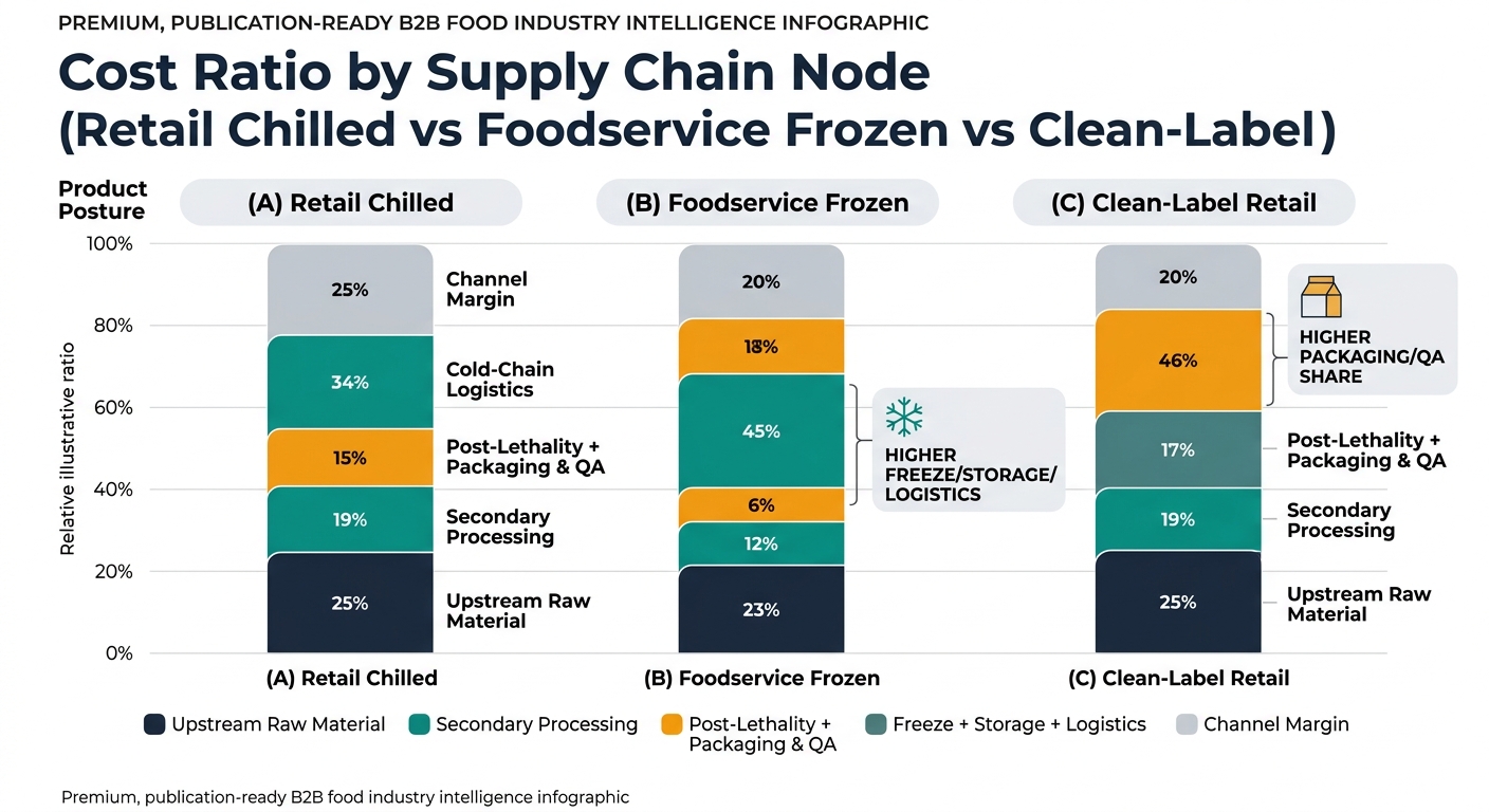 Grouped stacked bar chart comparing cost ratio by supply chain node across three turkey frankfurter product postures: (A) retail chilled, (B) foodservice frozen, and (C) clean-label retail, with consistent node colors, a legend, and annotations highlighting structural shifts such as higher packaging/QA share in clean-label and higher freeze/storage/logistics share in frozen.