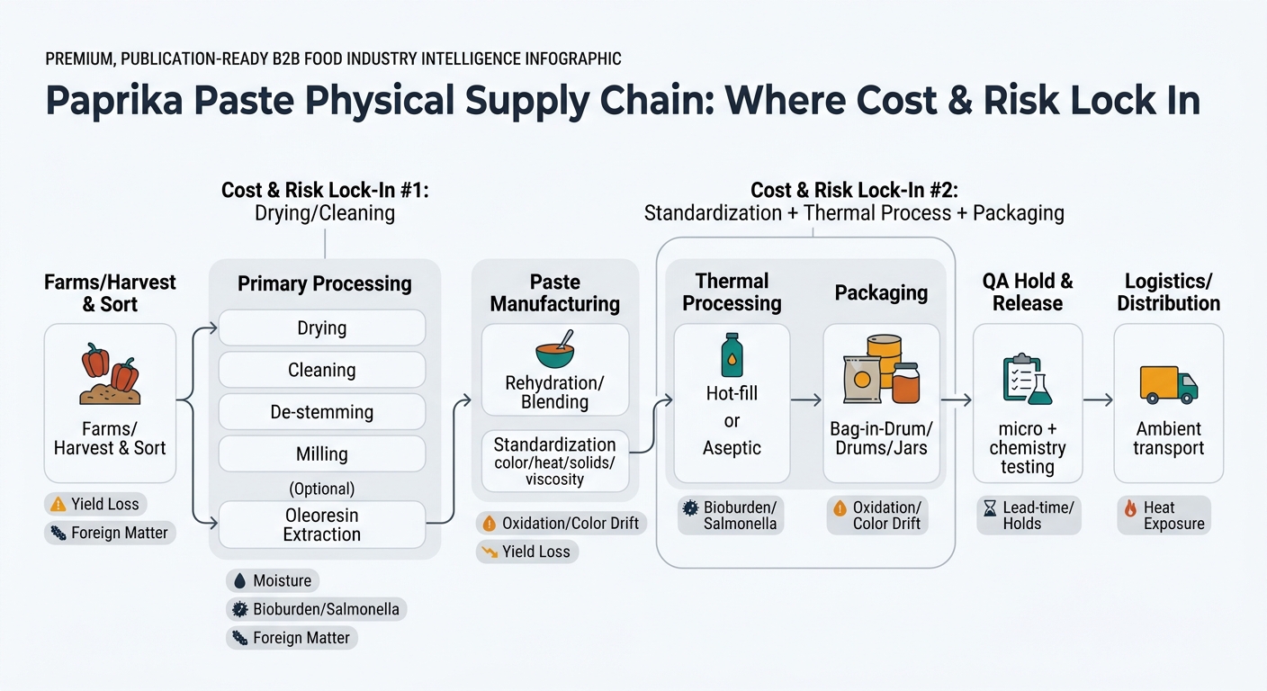 A process flow showing Farms/Harvest & Sort → Primary Processing (Drying, Cleaning, De-stemming, Milling; optional Oleoresin Extraction) → Paste Manufacturing (Rehydration/Blending, Standardization for color/heat/solids/viscosity) → Thermal Processing (Hot-fill or Aseptic) → Packaging (bag-in-drum/drums/jars) → QA Hold & Release (micro + chemistry) → Logistics/Distribution (ambient; heat exposure), with callouts for Cost & Risk Lock-In #1: Drying/Cleaning and Cost & Risk Lock-In #2: Standardization + Thermal Process + Packaging, plus risk icons for bioburden/Salmonella, foreign matter, moisture, oxidation/color drift, yield loss, and lead-time/holds.