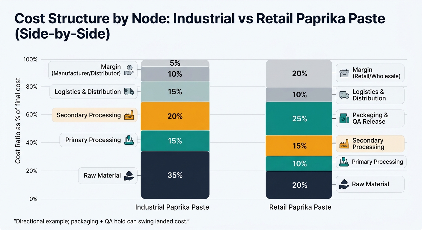 Grouped stacked bar chart comparing cost ratios for Industrial Paprika Paste vs Retail Paprika Paste, with segments for Raw Material, Primary Processing, Secondary Processing, Packaging & QA Release, Logistics & Distribution, and Margin, using the article’s directional percentages (Industrial: 35/15/20/15/10/5; Retail: 20/10/15/25/10/20) and a footnote that packaging and QA hold can swing landed cost.