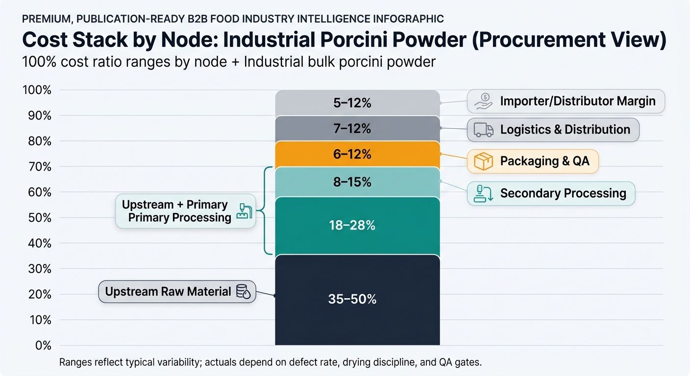 A single 100% stacked bar chart showing cost ratio ranges by node for industrial bulk porcini powder: Upstream Raw Material 35–50%, Primary Processing 18–28%, Secondary Processing 8–15%, Packaging & QA 6–12%, Logistics & Distribution 7–12%, Importer/Distributor Margin 5–12%, emphasizing that upstream and primary processing dominate, with a note that ranges vary by defect rate, drying discipline, and QA gates.