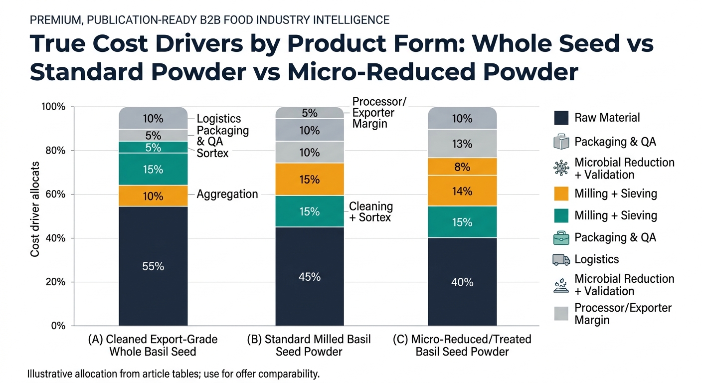 Stacked bar chart comparing true cost drivers by product form: (A) Cleaned Export-Grade Whole Basil Seed, (B) Standard Milled Basil Seed Powder, and (C) Micro-Reduced/Treated Basil Seed Powder, with segments allocated per the article’s ratios and a note that the allocation is illustrative for offer comparability.