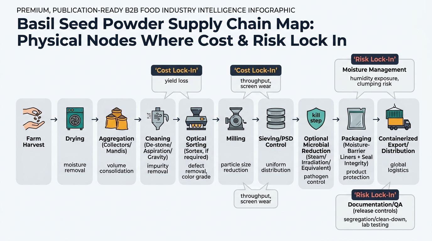 A left-to-right supply chain flow showing Farm Harvest → Drying → Aggregation (Collectors/Mandis) → Cleaning (De-stone/Aspiration/Gravity) → Optical Sorting (Sortex, if required) → Milling → Sieving/PSD Control → Optional Microbial Reduction (Steam/Irradiation/Equivalent) → Packaging (Moisture-Barrier Liners + Seal Integrity) → Containerized Export/Distribution, with cost lock-in badges on Cleaning/Optical Sorting and Milling/Sieving and risk lock-in badges on moisture management and documentation/QA, plus simple icons and callouts like yield loss, throughput, segregation/clean-down, and humidity exposure.