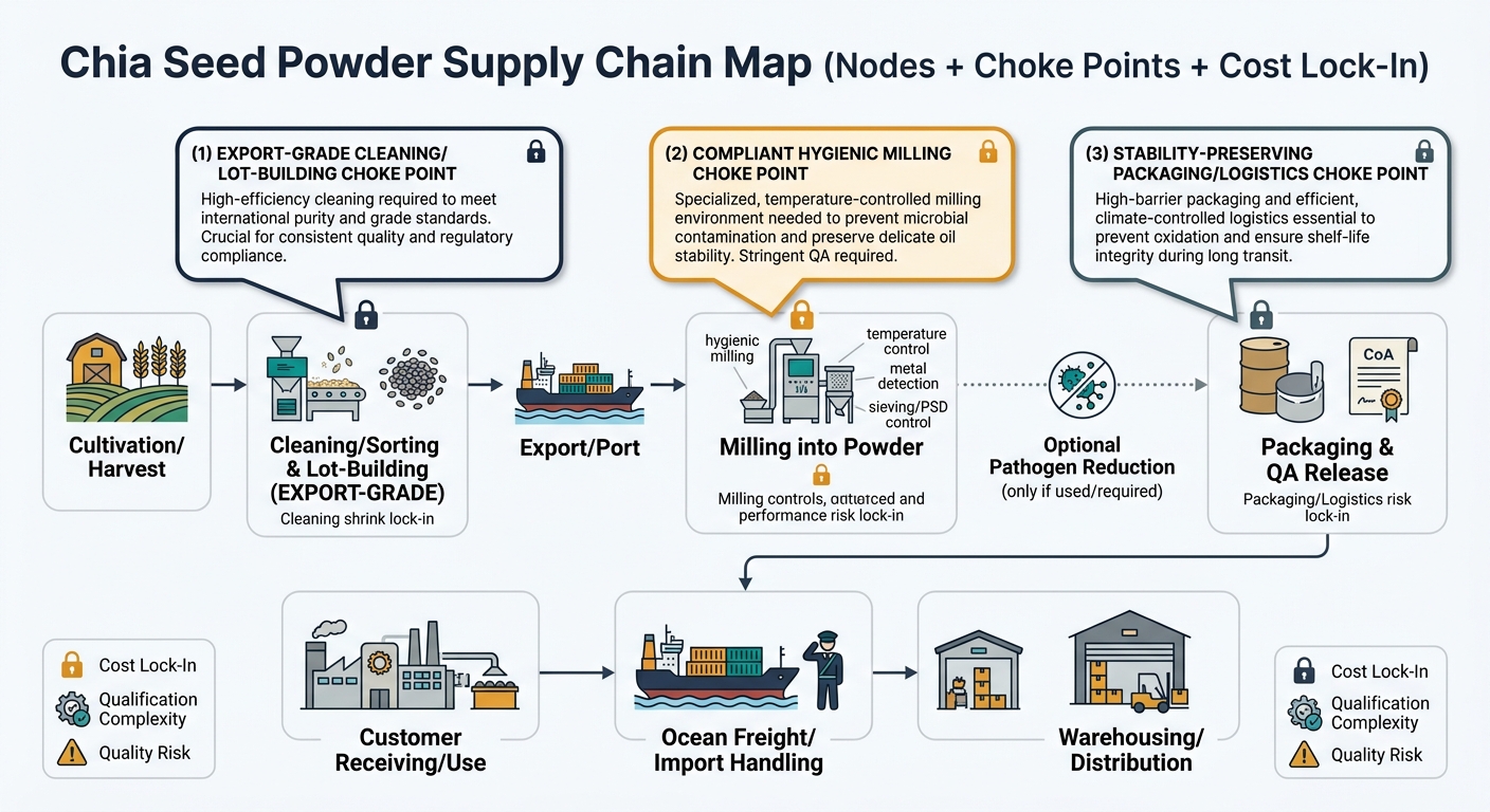 A left-to-right (or top-to-bottom) supply chain flow diagram showing the physical chain: Cultivation/Harvest → Cleaning/Sorting & Lot-Building (EXPORT-GRADE) → Export/Port → Milling into Powder (hygienic milling, temperature control, metal detection, sieving/PSD control) → Optional Pathogen Reduction (only if used/required) → Packaging & QA Release (barrier liner/drums, CoA packet) → Ocean Freight/Import Handling → Warehousing/Distribution → Customer Receiving/Use. Visually highlight the three choke points with callouts: (1) Export-grade cleaning/lot-building, (2) Compliant hygienic milling, (3) Stability-preserving packaging/logistics. Add small lock icons at points where landed cost/quality risk 'locks in' (cleaning shrink, milling controls, packaging/logistics). Include a small legend for icons: cost lock-in, qualification complexity, quality risk.