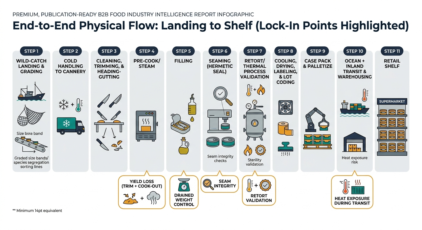 A left-to-right flow diagram showing the physical movement and transformation of canned sardines in olive oil from wild-catch landing and grading through cold handling, cleaning and pre-cook yield loss, filling with olive oil, seaming with integrity checks, retort validation, labeling/lot coding, case packing, transit/warehousing with heat exposure risk, and retail shelf; highlights lock-in points for yield loss, seam integrity, retort validation, drained weight control, and heat exposure.
