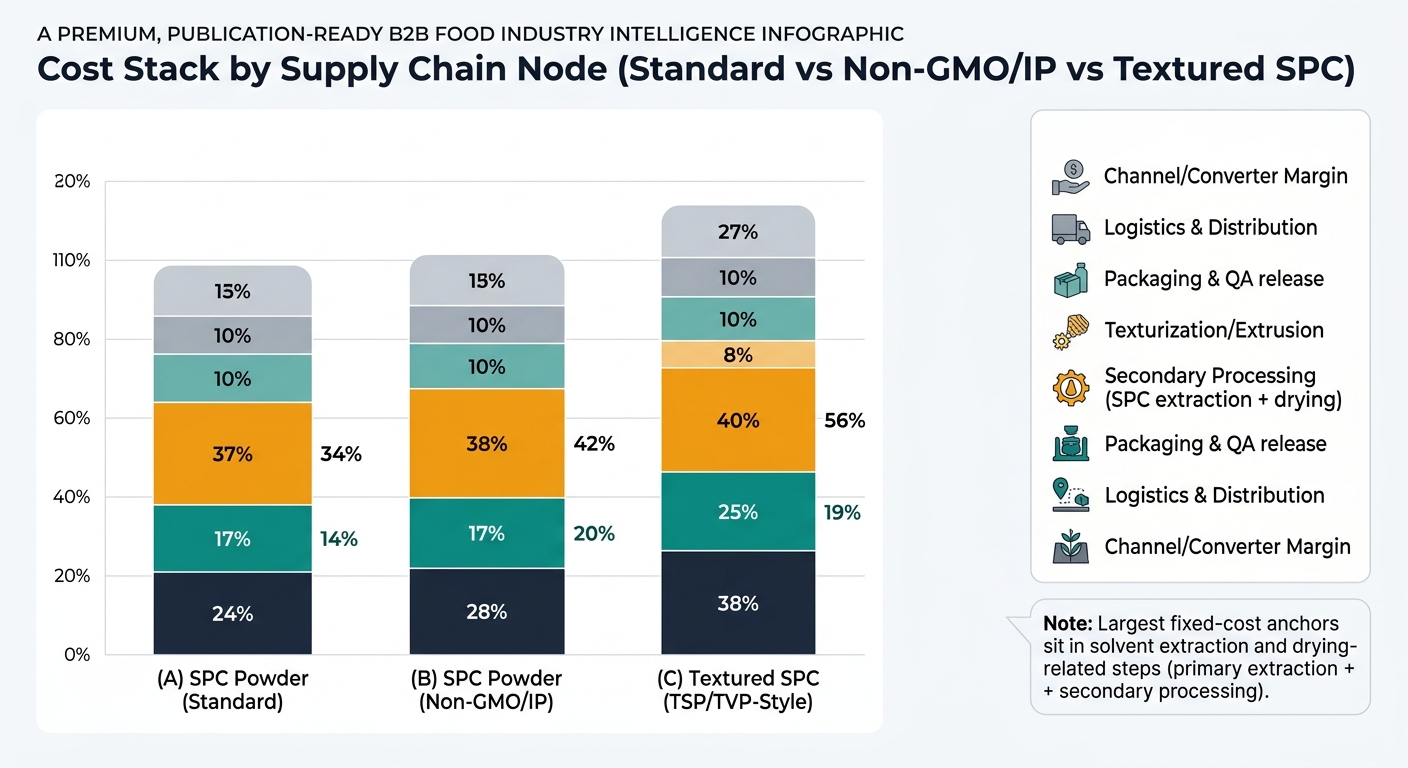 Grouped stacked bar chart comparing cost stack by supply chain node for three products: SPC Powder (Standard), SPC Powder (Non-GMO/Identity-Preserved), and Textured SPC (TSP/TVP-Style). Each bar is segmented into Raw Material, Primary Processing (crush/extraction), Secondary Processing (SPC extraction plus drying), Texturization/Extrusion (only for textured), Packaging and QA release, Logistics and Distribution, and Channel/Converter Margin, using the article’s percentages; includes legend and callout noting fixed-cost anchors in solvent extraction and drying-related steps.