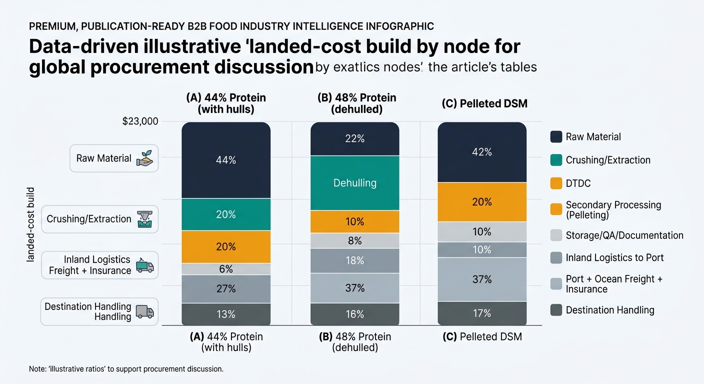 A stacked bar chart with three vertical bars comparing illustrative landed-cost build by node for (A) 44% protein soybean meal with hulls, (B) 48% protein dehulled meal, and (C) pelleted DSM, segmented by node ratios from the tables: raw material, crushing/extraction (and dehulling where applicable), DTDC, pelleting (only for C), storage/QA/documentation, inland logistics to port, port plus ocean freight plus insurance, and destination handling, with consistent colors, percentage labels, and a note that ratios are illustrative.
