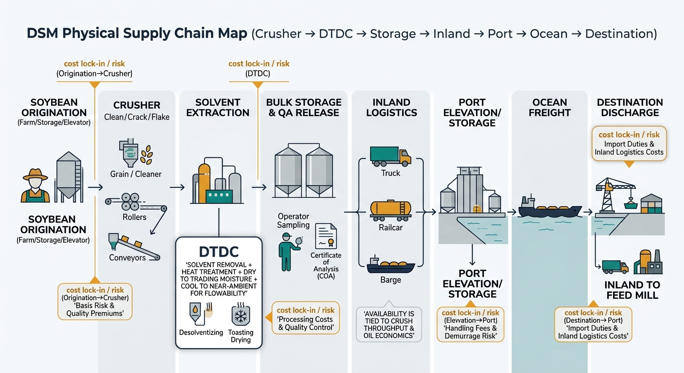 A left-to-right supply chain flow diagram showing the physical movement of defatted soybean meal (DSM) as a co-product of soybean crushing, with nodes from soybean origination through crusher, solvent extraction, DTDC (with callout on solvent removal, heat treatment, drying to trading moisture, and cooling for flowability), bulk storage & QA release, inland logistics, port elevation/storage, ocean freight, destination discharge, and inland to feed mill, plus cost lock-in/risk callouts at key handoffs and a note that availability is tied to crush throughput and oil economics.