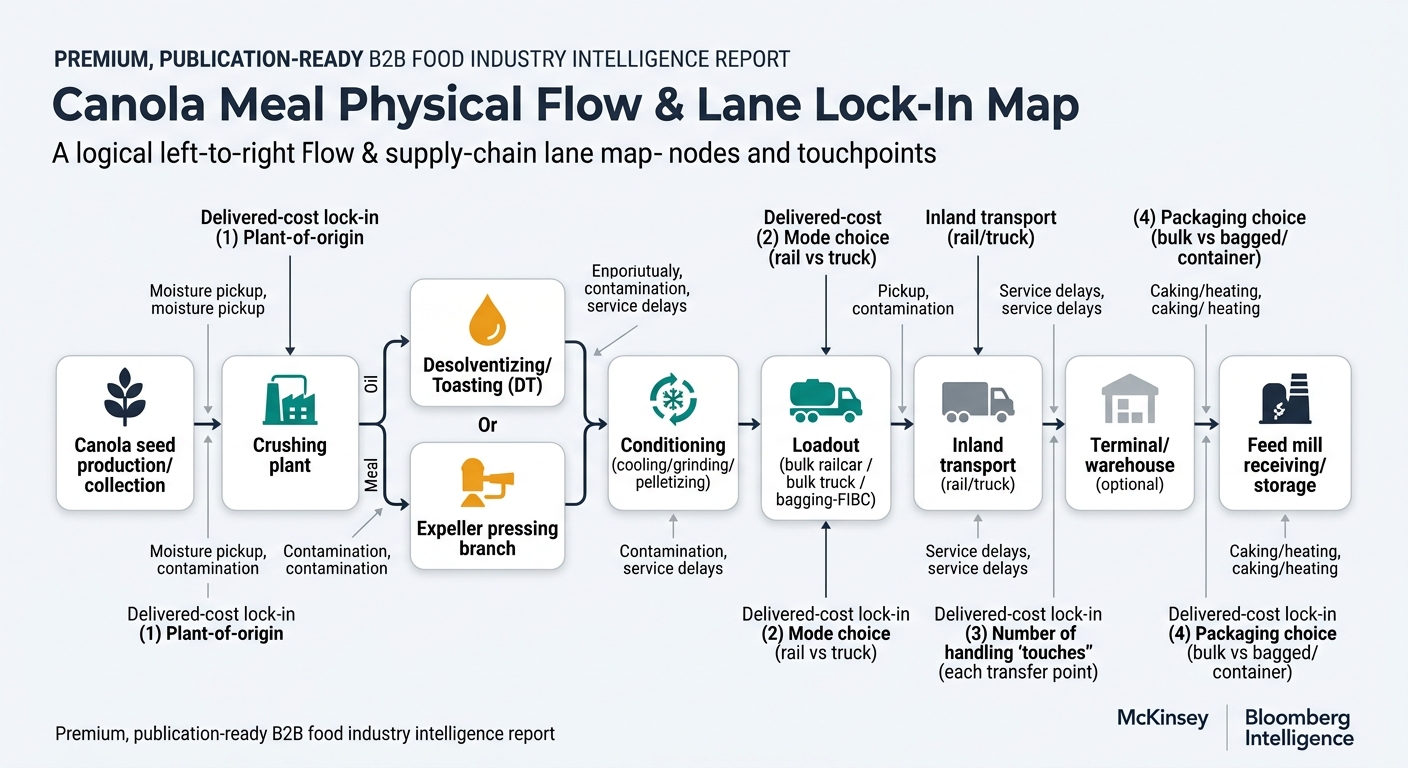 A left-to-right physical flow diagram showing: Canola seed production/collection → Crushing plant (oil + meal split) → Desolventizing/Toasting (DT) or Expeller pressing branch → Conditioning (cooling/grinding/pelletizing) → Loadout (bulk railcar / bulk truck / bagging-FIBC) → Inland transport (rail/truck) → Terminal/warehouse (optional) → Feed mill receiving/storage. Visually mark delivered-cost lock-in points at plant-of-origin, mode choice (rail vs truck), number of handling touches, and packaging choice (bulk vs bagged/container), with callouts for moisture pickup, contamination, service delays, and caking/heating risk at each touchpoint.
