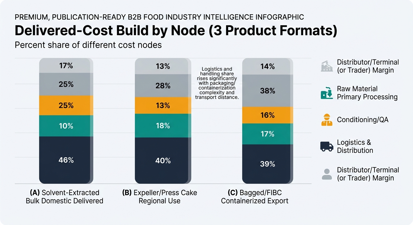 A stacked bar chart with three bars labeled: (A) Solvent-Extracted Bulk Domestic Delivered, (B) Expeller/Press Cake Regional Use, (C) Bagged/FIBC Containerized Export. Each bar is segmented by percent share cost nodes from the tables: Raw Material, Primary Processing, Conditioning/QA (or Packaging & QA for C), Logistics & Distribution, and Distributor/Terminal (or Trader) Margin. Consistent colors per node across all three bars with an annotation that logistics/handling share rises with packaging/containerization and distance; percent shares only, no dollar pricing.