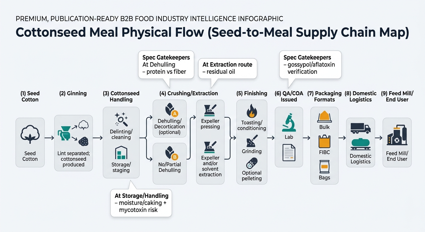 A left-to-right flow diagram showing the non-negotiable physical chain for cottonseed meal from seed cotton through ginning, cottonseed handling, crushing/extraction with dehulling vs no/partial dehulling forks, finishing, QA/COA, packaging, domestic logistics, and feed mill/end user, with callouts for spec gatekeepers (dehulling, extraction route, storage/handling, QA/COA).