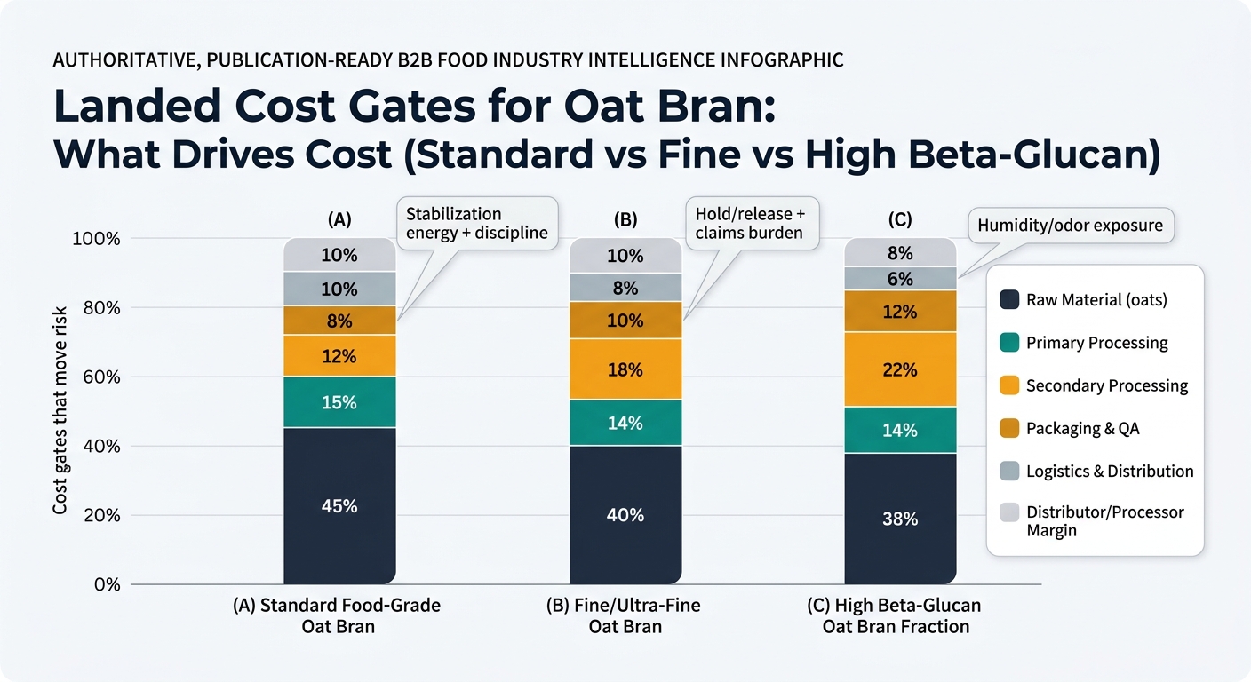 A stacked bar chart comparing landed cost composition for three oat bran products: (A) Standard Food-Grade Oat Bran, (B) Fine/Ultra-Fine Oat Bran, and (C) High Beta-Glucan Oat Bran Fraction. Each bar is segmented into Raw Material (oats), Primary Processing, Secondary Processing, Packaging & QA, Logistics & Distribution, and Distributor/Processor Margin using the article’s percentages (A: 45/15/12/8/10/10; B: 40/14/18/10/8/10; C: 38/14/22/12/6/8), with callouts highlighting risk-moving cost gates such as stabilization discipline, QA hold/release and claims burden, and logistics humidity/odor exposure.