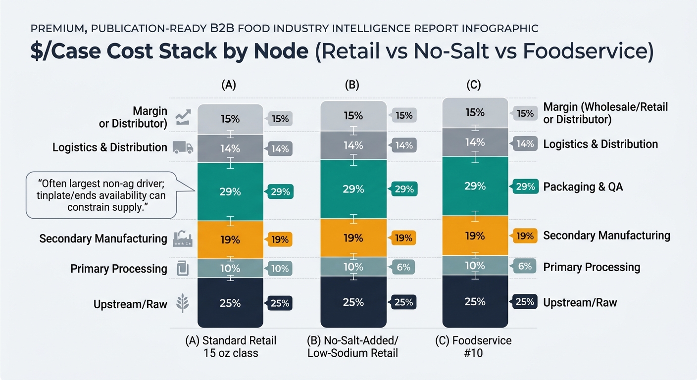 A stacked bar chart comparing $/case cost stacks by node for three products: standard retail 15 oz class, no-salt-added/low-sodium retail, and foodservice #10. Each bar is segmented into Upstream/Raw, Primary Processing, Secondary Manufacturing, Packaging & QA, Logistics & Distribution, and Margin, using midpoints of the ranges with min–max range annotations, and a callout noting Packaging & QA is often the largest non-ag driver and tinplate/ends availability can constrain supply.