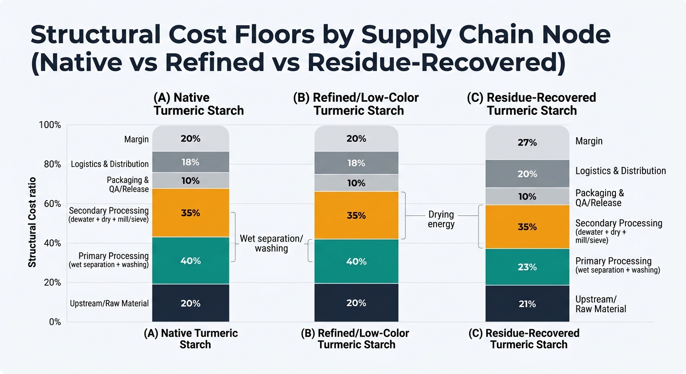 A stacked bar chart comparing structural cost floors by supply chain node for three products: (A) Native Turmeric Starch, (B) Refined/Low-Color Turmeric Starch, and (C) Residue-Recovered Turmeric Starch, segmented by the exact cost ratio categories and percentages from the tables, with an annotation emphasizing the recurring cost floors of wet separation/washing and drying energy.