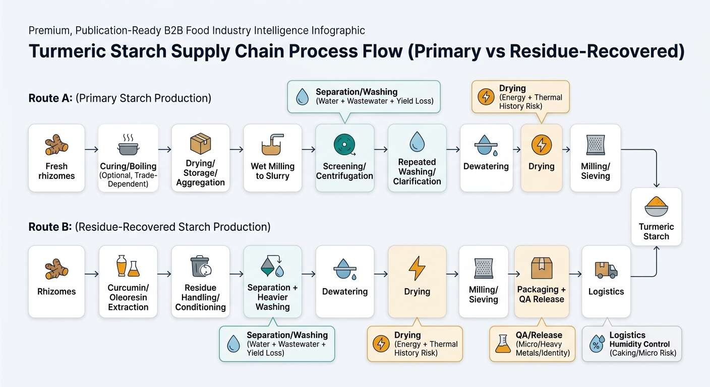 A procurement-oriented process flow diagram showing two parallel routes that converge into finished turmeric starch: Route A (Primary) from fresh rhizomes through wet milling, separation/washing, dewatering, drying, milling/sieving, packaging + QA release, and logistics; and Route B (Residue-Recovered) from curcumin/oleoresin extraction residue through conditioning, heavier washing, dewatering, drying, milling/sieving, packaging + QA release, and logistics, with callouts for structural cost floors (separation/washing, drying, QA/release, and humidity control) using simple icons.