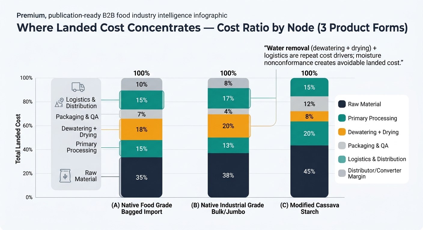 Grouped stacked bar chart comparing where landed cost concentrates across three product forms: (A) Native Food Grade Bagged Import, (B) Native Industrial Grade Bulk/Jumbo, and (C) Modified Cassava Starch. Each bar is segmented by Raw Material, Primary Processing, Dewatering + Drying, Packaging & QA, Logistics & Distribution, and Distributor/Converter Margin using the illustrative ratios from the tables, with an annotation noting that water removal plus logistics are repeat cost drivers and moisture nonconformance creates avoidable landed cost.