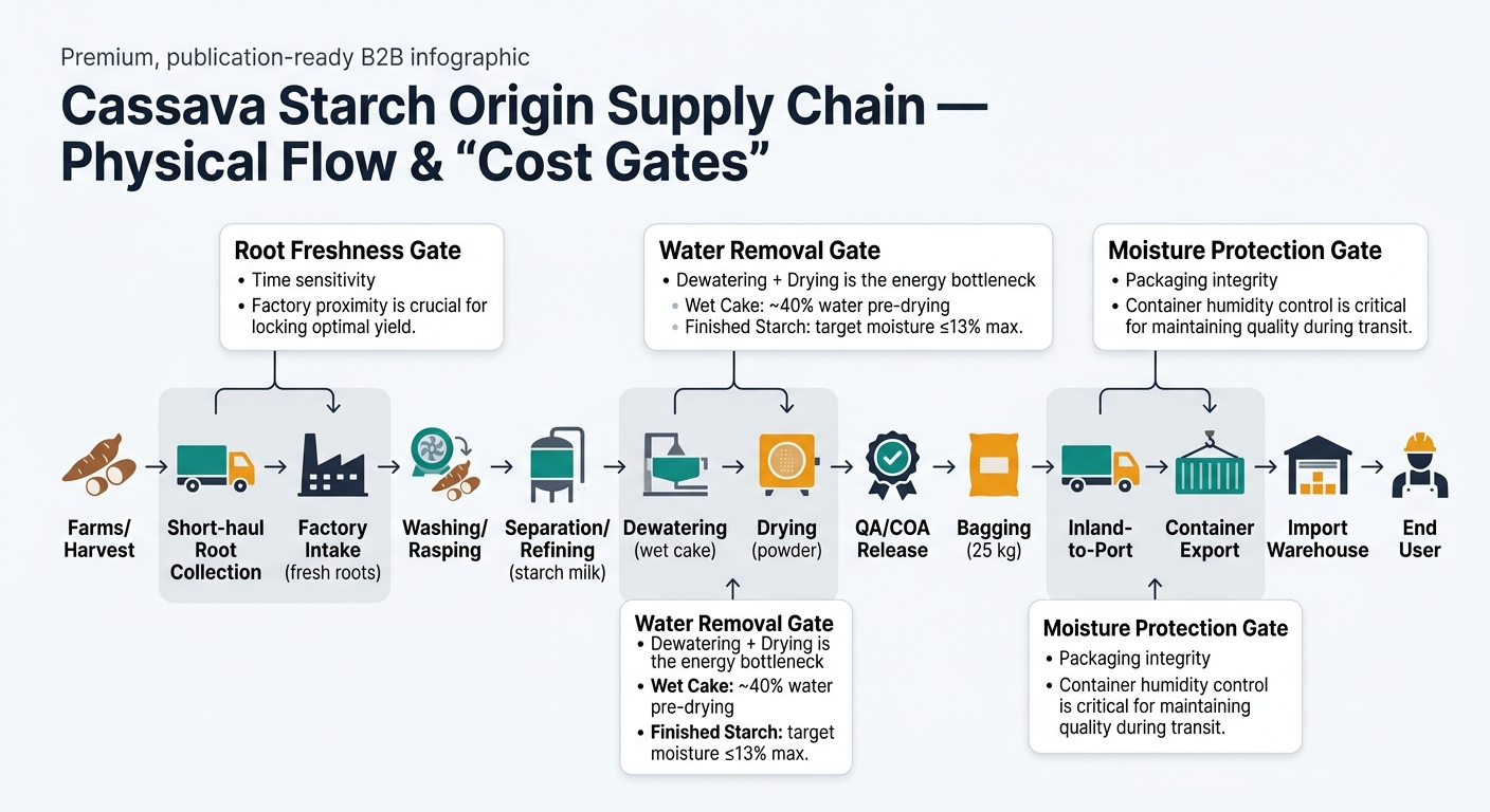 Flowchart showing the cassava starch origin supply chain from farms and short-haul root collection through factory intake, washing/rasping, separation/refining, dewatering (wet cake), drying (powder), QA/COA release, bagging (25 kg), inland-to-port, container export, import warehouse, and end user, with three prominent callouts for Root Freshness Gate, Water Removal Gate (wet cake ~40% water pre-drying and finished moisture ≤13% max), and Moisture Protection Gate (packaging integrity and container humidity control).
