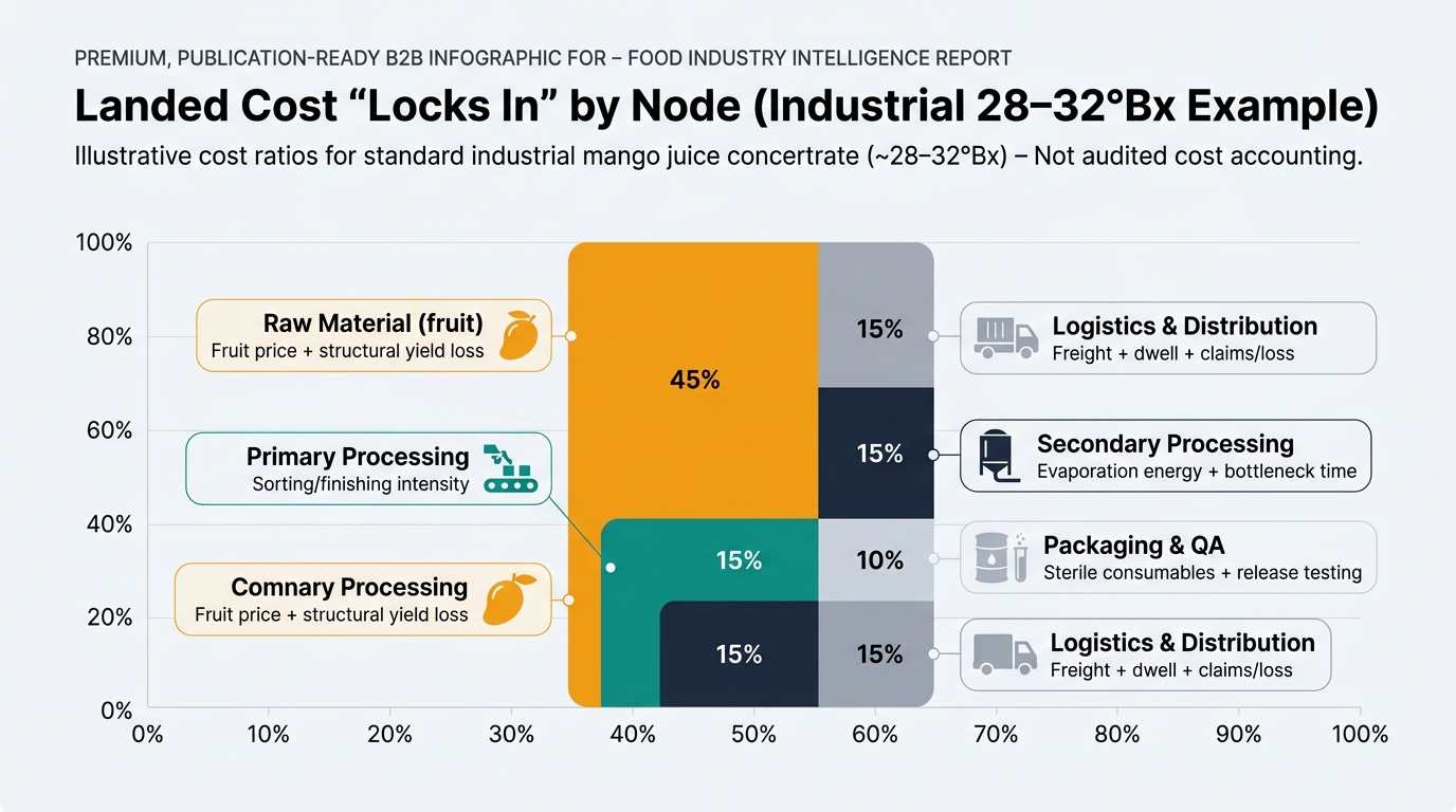 100% stacked bar chart showing illustrative landed cost ratios for industrial mango juice concentrate (~28–32°Bx): Raw Material (fruit) 45%, Primary Processing 15%, Secondary Processing 15%, Packaging & QA 10%, Logistics & Distribution 15%, with annotations for each segment (fruit price and structural yield loss; sorting/finishing intensity; evaporation energy and bottleneck time; sterile consumables and release testing; freight, dwell, and claims/loss).