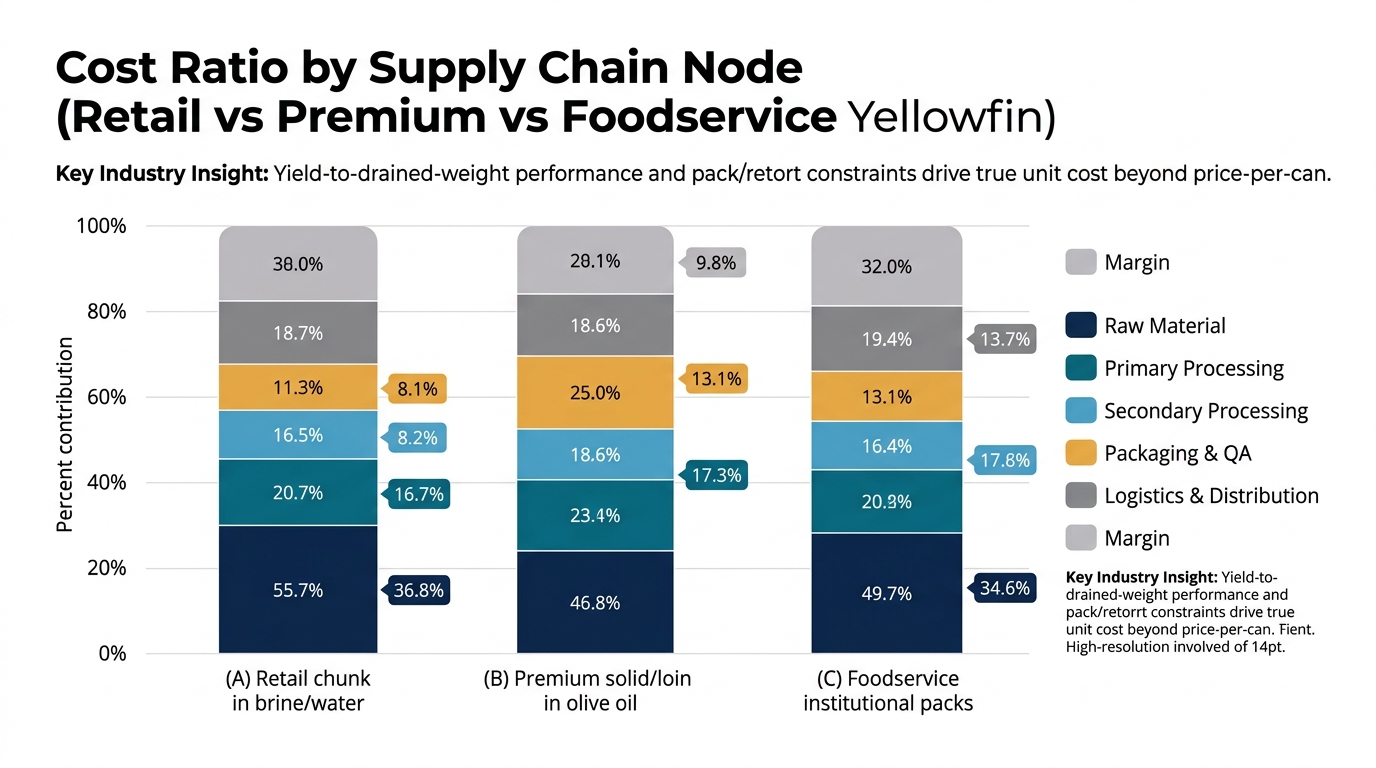 A comparative grouped or 100% stacked bar chart showing cost ratio by supply chain node for three canned yellowfin products (retail, premium, and foodservice), with consistent colors for raw material, primary processing, secondary processing, packaging and QA, logistics and distribution, and margin, plus an annotation that yield-to-drained-weight performance and pack/retort constraints drive true unit cost beyond price-per-can.