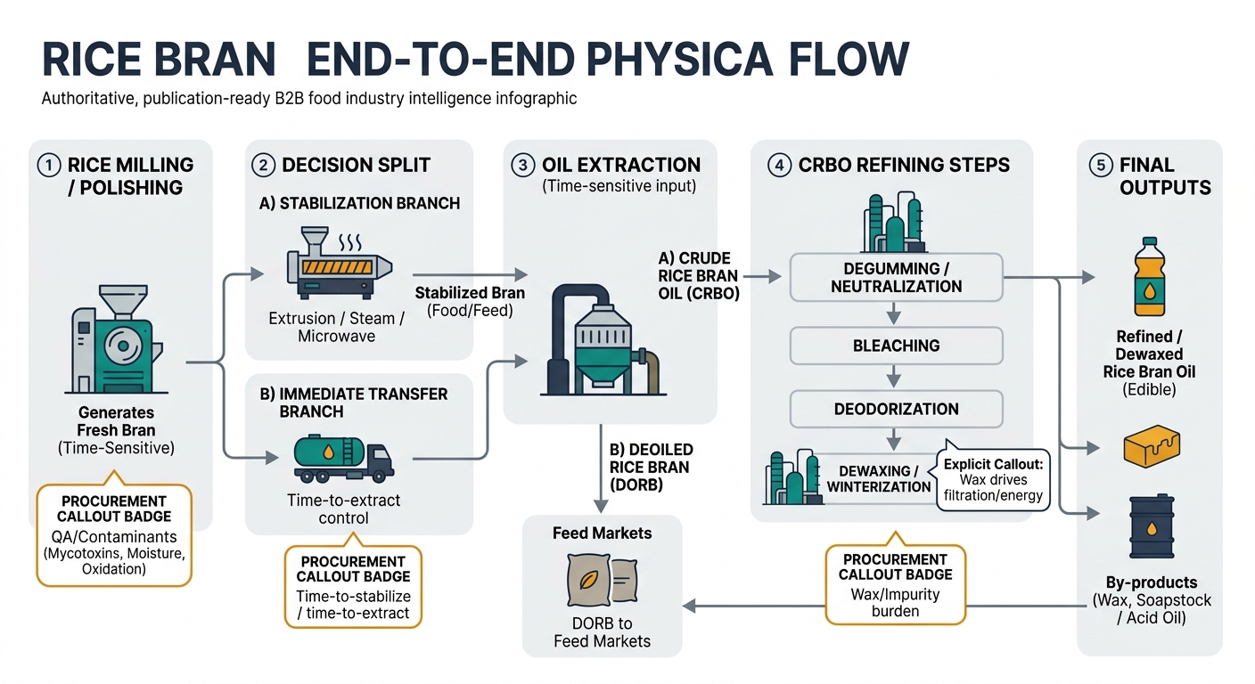 A left-to-right process flow showing the physical movement and transformations: (1) Rice milling/polishing generates fresh bran (time-sensitive). (2) Decision split: A) Stabilization (extrusion/steam/microwave) → stabilized bran (food/feed), or B) Immediate transfer to extractor (time-to-extract control). (3) Oil extraction outputs two streams: crude rice bran oil (CRBO) and deoiled rice bran (DORB). (4) Refining steps for CRBO: degumming/neutralization, bleaching, deodorization, plus dewaxing/winterization (explicit callout: wax drives filtration/energy). (5) Final outputs: refined/dewaxed rice bran oil (edible) + by-products (wax, soapstock/acid oil) + DORB to feed markets. Add 3 procurement callout badges along the flow: 'Time-to-stabilize/time-to-extract', 'Wax/impurity burden', 'QA/contaminants (mycotoxins, moisture, oxidation)'. Avoid any dashboard/UI visuals; use clean industrial icons (mill, heater/extruder, tanker, refinery, bags).