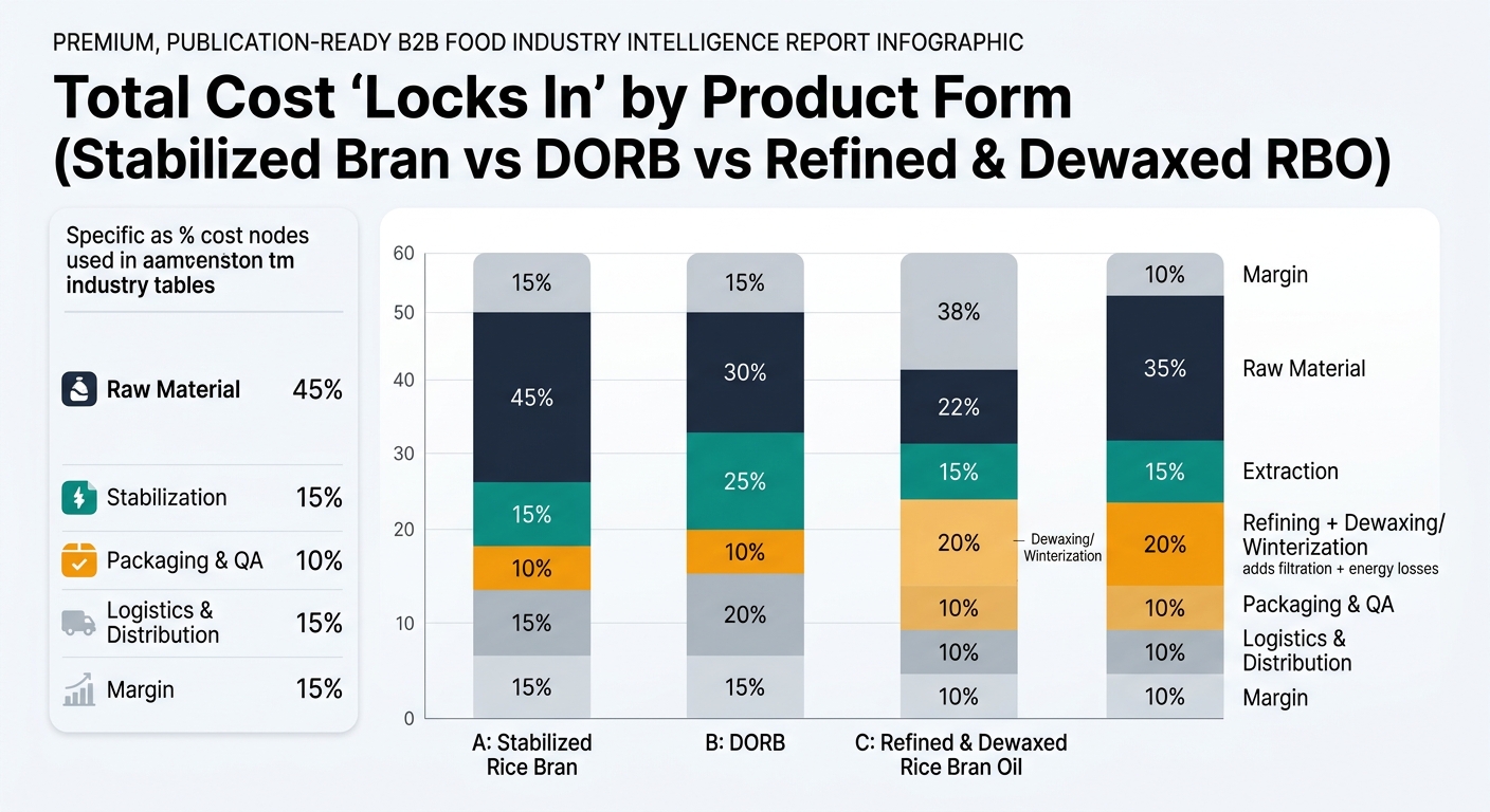 A grouped stacked bar chart with three bars (A: Stabilized Rice Bran, B: DORB, C: Refined & Dewaxed Rice Bran Oil). Each bar is segmented by the same cost nodes used in the tables: Raw Material, Stabilization (only for A), Extraction & Meal Handling (only for B; Extraction for C), Refining + Dewaxing/Winterization (only for C), Packaging & QA, Logistics & Distribution, Margin. Use the exact percentages shown in the article tables (A: 45/15/10/15/15; B: 30/25/10/20/15; C: 35/15/20/10/10/10). Add a small annotation on C’s refining segment: 'Dewaxing/Winterization adds filtration + energy losses'. Keep styling procurement-friendly: muted palette, clear labels, no decorative imagery, no product UI mockups.