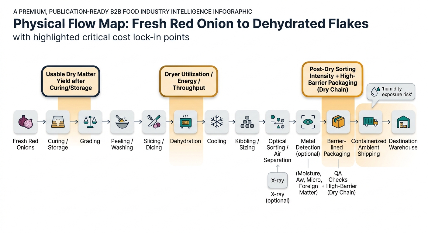 A left-to-right process flow showing: Fresh red onions → curing/storage → grading → peeling/washing → slicing/dicing → dehydration → cooling → kibbling/sizing → optical sorting/air separation → metal detection (and optional X-ray callout) → QA checks (moisture, aw, micro, foreign matter) → barrier-lined packaging → containerized ambient shipping → destination warehouse. Highlights three cost/quality lock-in pinch points (usable dry matter yield after curing/storage, dryer utilization/energy/throughput, post-dry sorting intensity + high-barrier packaging/dry chain) and includes a humidity exposure risk callout over packaging/logistics nodes.