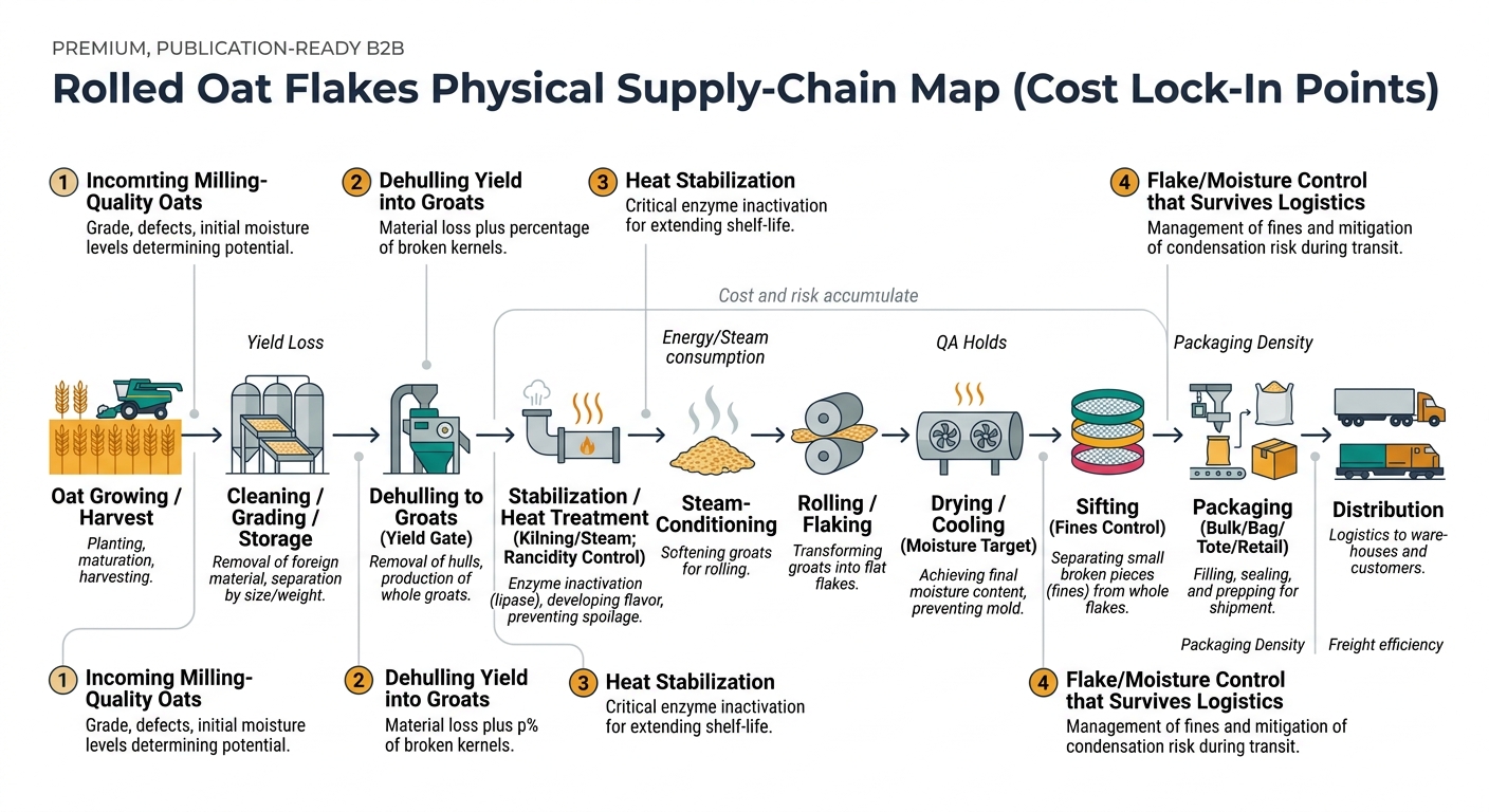 Left-to-right process diagram mapping rolled oat flakes from oat growing/harvest through cleaning/grading/storage, dehulling to groats, stabilization/heat treatment, steam-conditioning, rolling/flaking, drying/cooling, sifting, packaging, and distribution, with four numbered lock-in point callouts and annotations for where cost and risk accumulate.