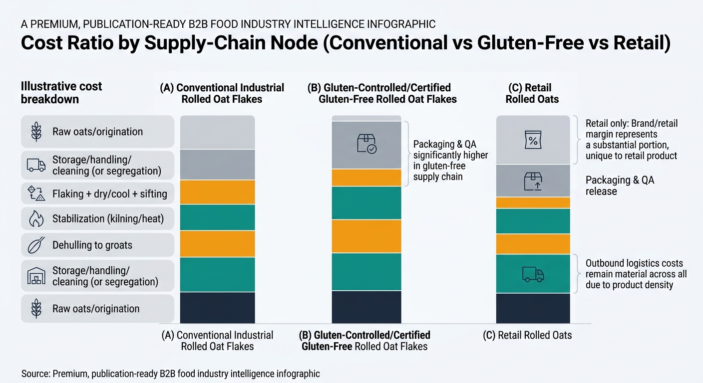 Grouped stacked bar chart with three bars comparing cost ratios by supply-chain node for (A) conventional industrial rolled oat flakes, (B) gluten-controlled/certified gluten-free rolled oat flakes, and (C) retail rolled oats, with consistent node colors, legend, and callouts highlighting major differences such as higher packaging and QA in gluten-free and brand/retail margin in retail.