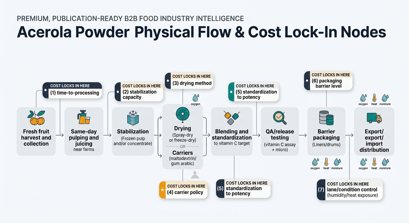 A left-to-right supply chain flow showing: Fresh fruit harvest/collection → same-day pulping/juicing near farms → stabilization (frozen pulp and/or concentrate) → drying (spray-dry or freeze-dry) with optional carriers (maltodextrin/gum arabic) → blending/standardization to vitamin C target → QA/release testing (vitamin C assay + micro) → barrier packaging (liners/drums) → export/import distribution, with 5–7 callout tags labeled “Cost Locks In Here” at time-to-processing, stabilization capacity, drying method, carrier policy, standardization to potency, packaging barrier level, and lane/condition control, plus small iconography for oxygen/heat/moisture risks near drying/packaging/logistics steps.