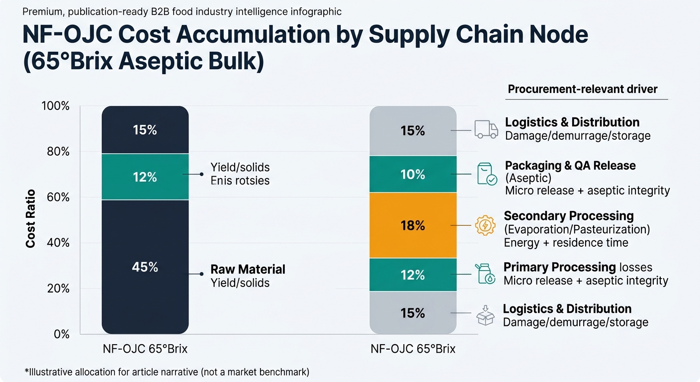 A 100% stacked bar (or donut) chart showing NF‑OJC 65°Brix cost ratios by node: Raw Material 45%, Primary Processing 12%, Secondary Processing (Evaporation/Pasteurization) 18%, Packaging & QA Release (Aseptic) 10%, Logistics & Distribution 15%, with annotations for yield/solids, extraction/finisher losses, energy and residence time, micro release and aseptic integrity, and damage/demurrage/storage, plus a note that the allocation is illustrative for the article narrative.