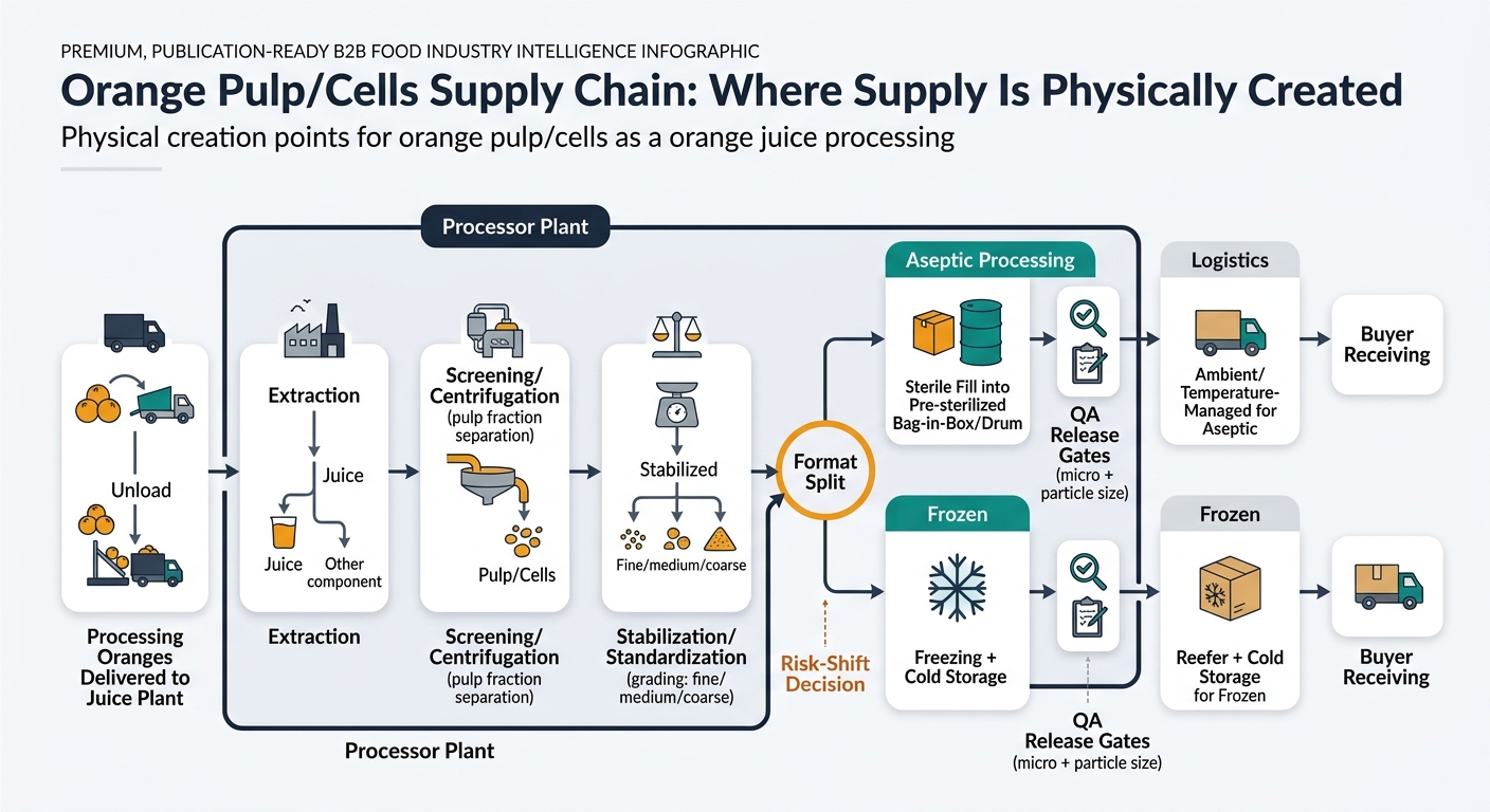 Left-to-right supply chain diagram showing orange pulp/cells as a co-product of orange juice processing: processing oranges delivered to juice plant, extraction, screening/centrifugation for pulp fraction separation, stabilization/standardization with grading (fine/medium/coarse), format split into aseptic (sterile fill into pre-sterilized bag-in-box/drum) vs frozen (freezing and cold storage), QA release gates (micro and particle size), and logistics (ambient/temperature-managed for aseptic vs reefer and cold storage for frozen) ending at buyer receiving; emphasizes the processor plant as the true constraint and the format split as a risk-shift decision.