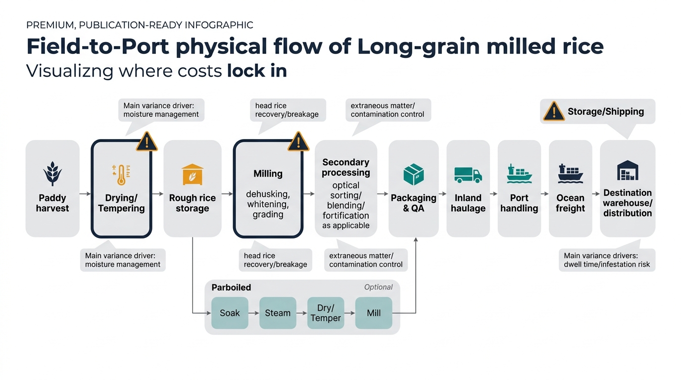 A left-to-right (or top-to-bottom) process flow showing: Paddy harvest → Drying/Tempering → Rough rice storage → Milling (dehusking, whitening, grading) → Secondary processing (optical sorting/blending/fortification where applicable) → Packaging & QA → Inland haulage → Port handling → Ocean freight → Destination warehouse/distribution. Visually flag the three irreversible conversion points called out in the article (Drying, Milling, Storage/Shipping) using bold outlines or warning icons. Add small callouts at key nodes for the main variance drivers: moisture management, head rice recovery/breakage, extraneous matter/contamination control, dwell time/infestation risk. Include an optional branch for the parboiled path (Soak → Steam → Dry/Temper → Mill) that rejoins at Packaging & QA.