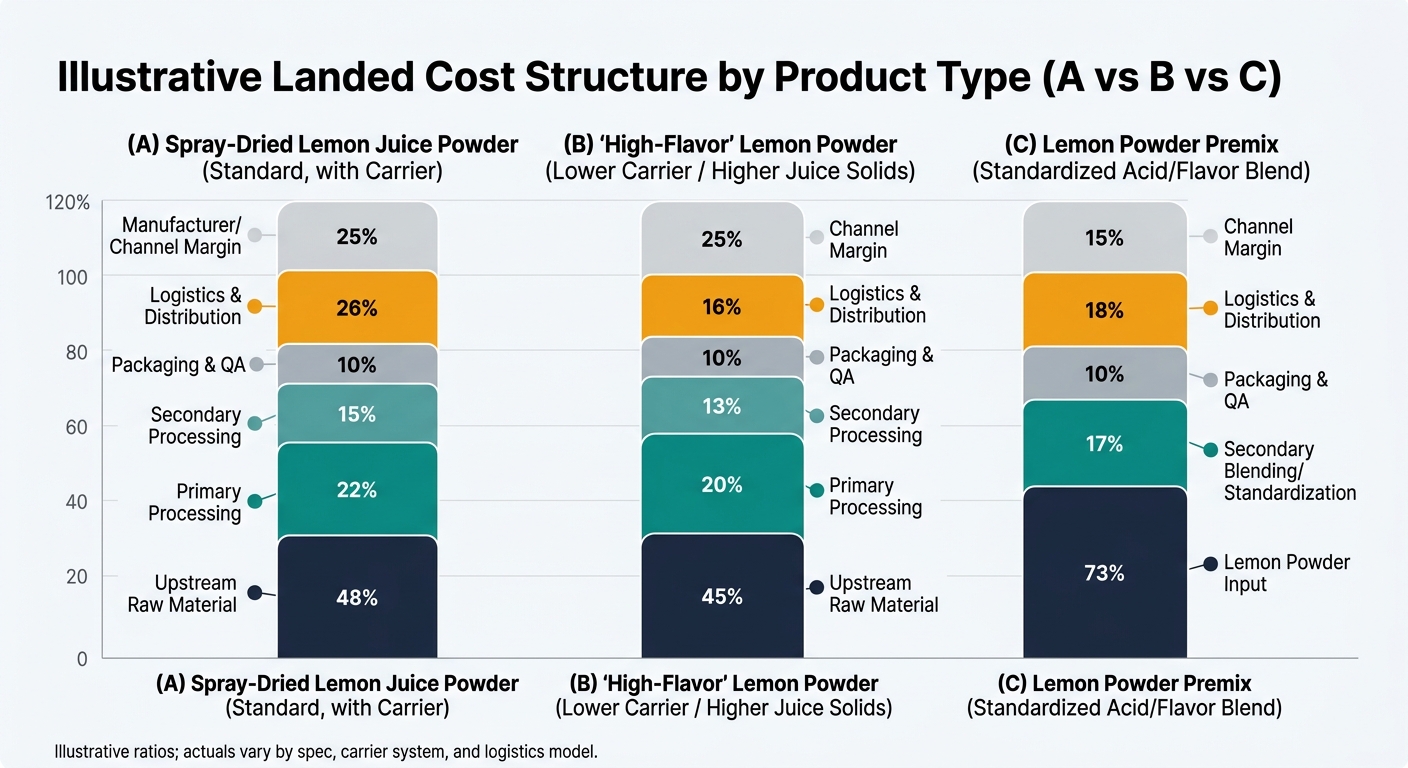 A three-bar stacked chart comparing illustrative landed cost structure for (A) standard spray-dried lemon juice powder with carrier, (B) high-flavor lower-carrier higher-juice-solids lemon powder, and (C) lemon powder premix, segmented by the cost nodes and percentages shown in the tables, with consistent colors, a legend, and a note that ratios are illustrative and vary by spec, carrier system, and logistics model.