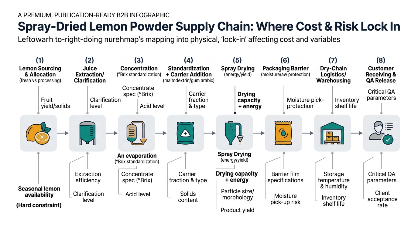 A left-to-right process map of the spray-dried lemon powder supply chain showing stages from lemon sourcing and allocation through juice extraction, concentration, standardization with maltodextrin/gum arabic, spray drying, packaging barrier, dry-chain logistics/warehousing, and customer QA release, with callouts for lock-in variables and highlighting the hard constraints of seasonal lemon availability and drying capacity plus energy.