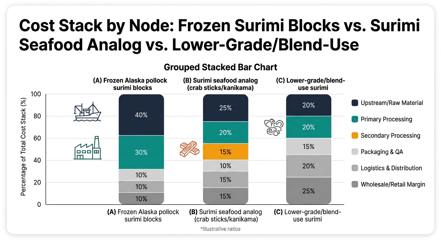 A three-column grouped stacked bar chart (one bar per product type): (A) Frozen Alaska pollock surimi blocks, (B) Surimi seafood analog (crab sticks/kanikama), (C) Lower-grade/blend-use surimi. Each bar is segmented by supply chain node with the exact illustrative ratios from the tables: Upstream/Raw Material, Primary Processing, Secondary Processing (only for B), Packaging & QA, Logistics & Distribution, Wholesale/Retail Margin. Consistent colors per node with percentage data labels and a note that ratios are illustrative.